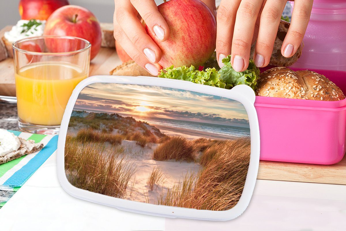 Kunststoff, Kinder, Lunchbox - rosa - - - Meer, Pflanzen Mädchen, Brotdose MuchoWow Düne (2-tlg), Snackbox, für Strand Erwachsene, Kunststoff Brotbox Sonnenuntergang