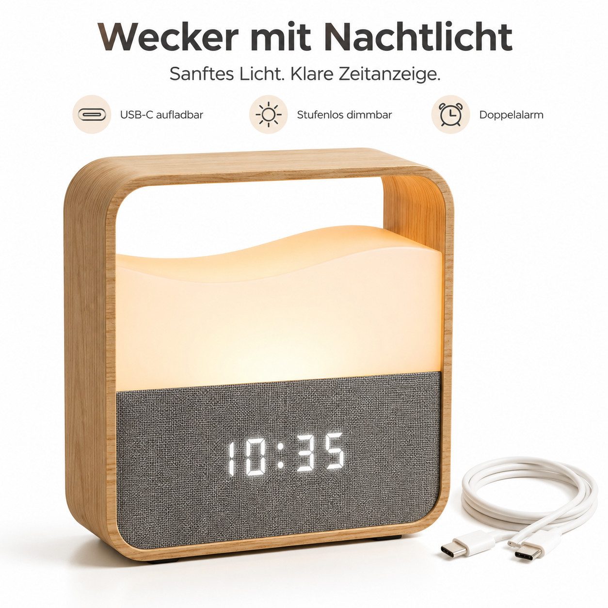 Fyrove Wecker Digitaler Wecker mit dimmbarem Nachtlicht & Doppelalarm Sanfte Wake-up Lampe Holzoptik, Kabelloser USB-C Aufladbar