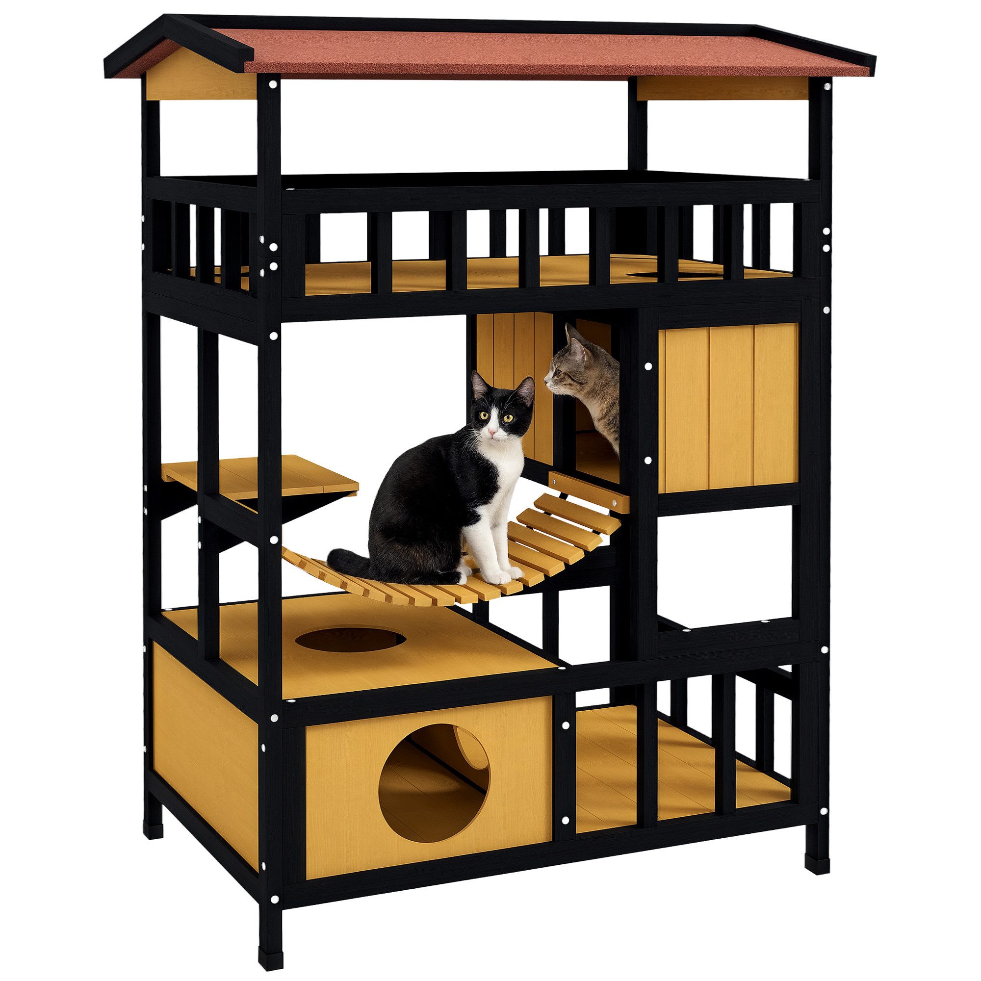 PawHut Tierhöhle Katzenhaus aus Holz Katzenhöhle mit Plattformen, Hängebrück, für bis zu 2 Katzen, Innen- und Außenbereich, Gelb