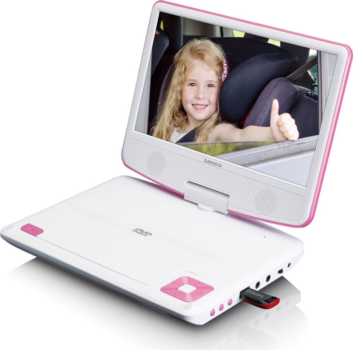 Lenco DVP-920PK Portabler DVD-Player (HD-Auflösung, tragbarer 9 Zoll Kinder DVD-Player für Auto mit USB inkl. Sticker-Set)