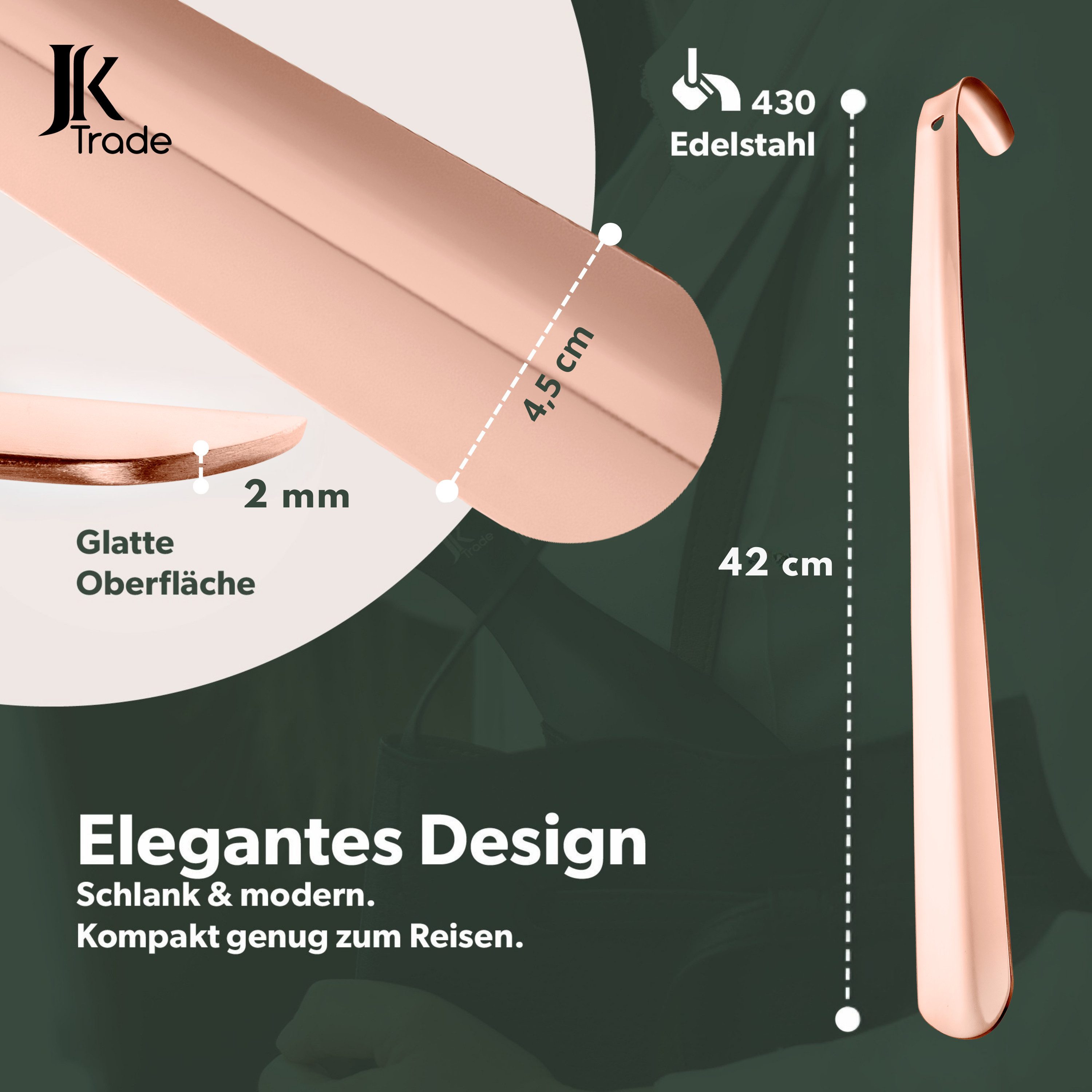 JK Trade Schuhlöffel 42cm Edelstahl Roségold poliert (1-tlg., lang & stabil), Metall Schuhanzieher lang zum Stehen, Aufhängbar, 2mm Extra Stabil