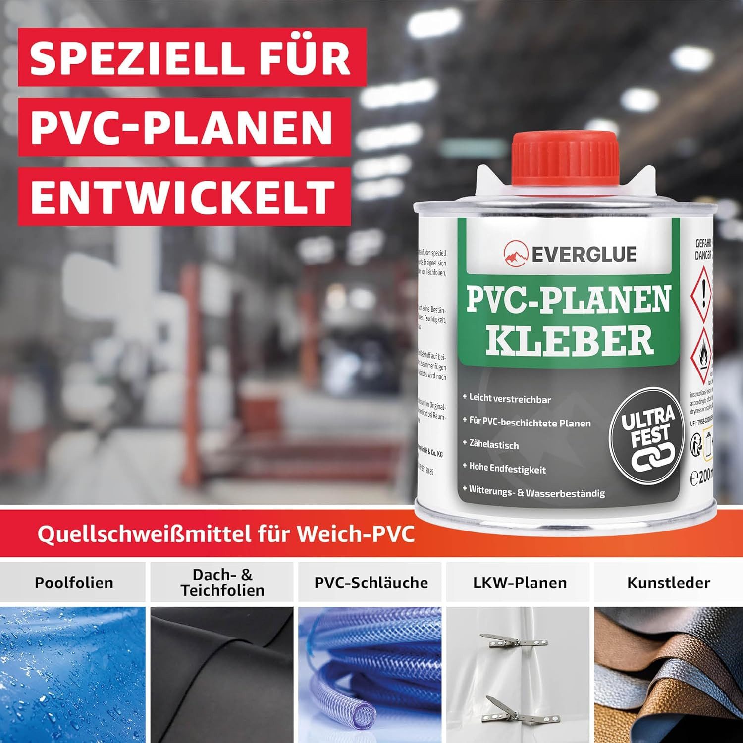 Everglue PVC-Kleber Gewebeplanenkleber Quellschweißmittel für Weich-PVC 200 ml, (1-tlg), wasserbeständig transparent 200ml