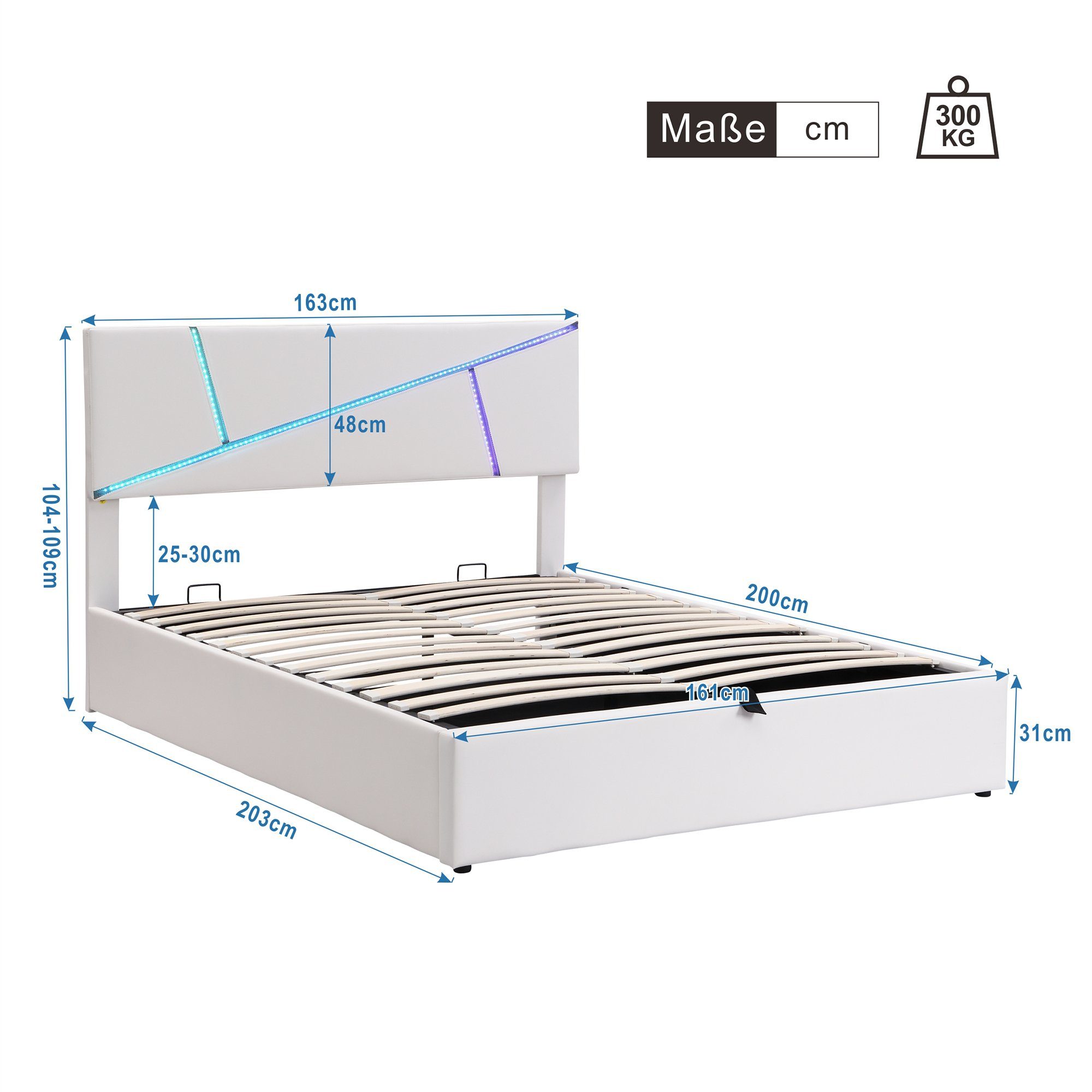 weiß Stauraumbett 160x200cm hydraulisches Beleuchtung Polsterbett, Kunstleder LED Flieks