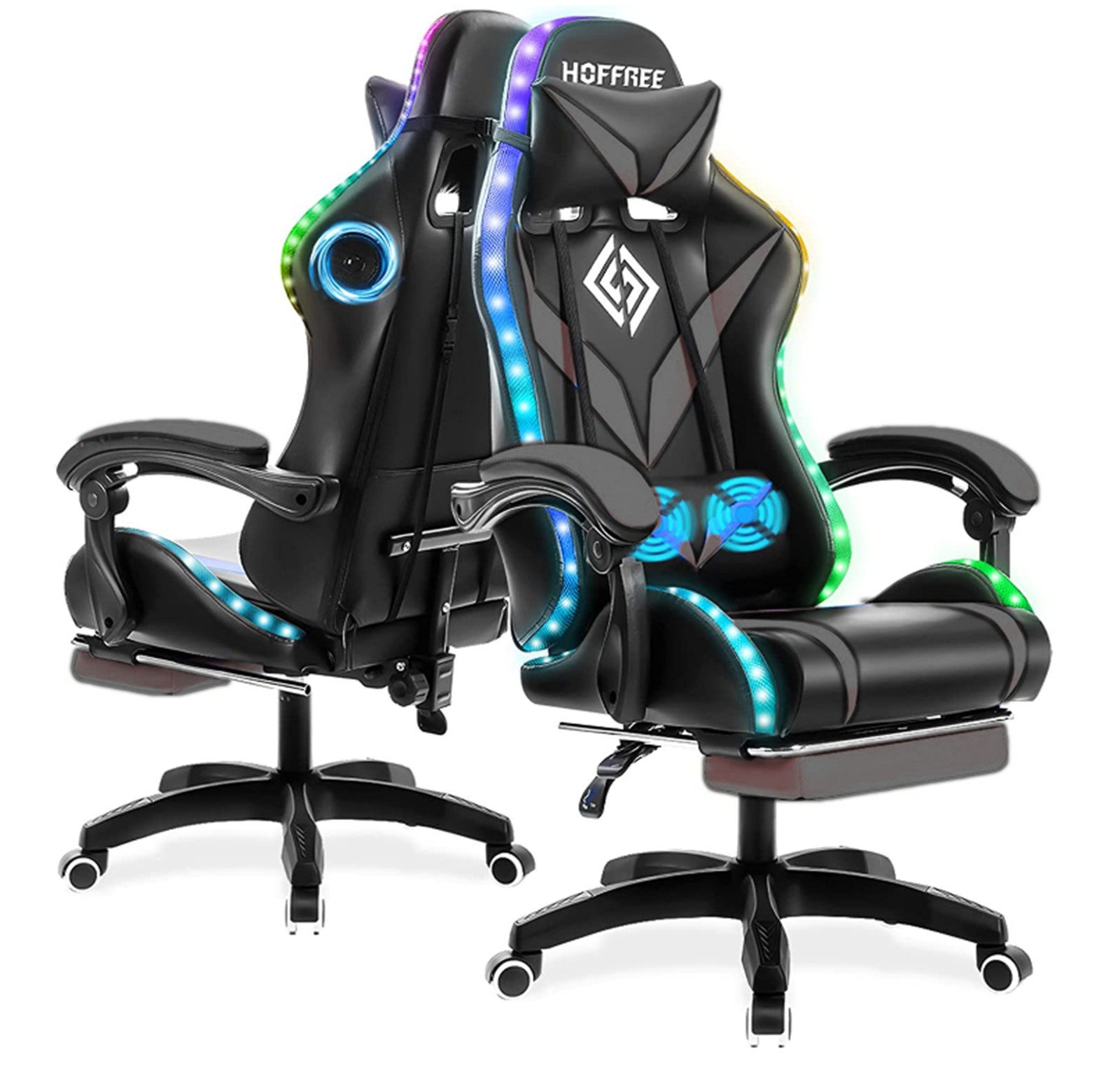 AUDEW Gaming-Stuhl 338 LED RGB Ergonomisch Bürostuhl mit Fußstütze und Lendenkissen (90°–135° verstellbare Rückenlehne, 10cm Sitzhöhe verstellbar), Computerstuhl Maximale Belastbarkeit: 160kg