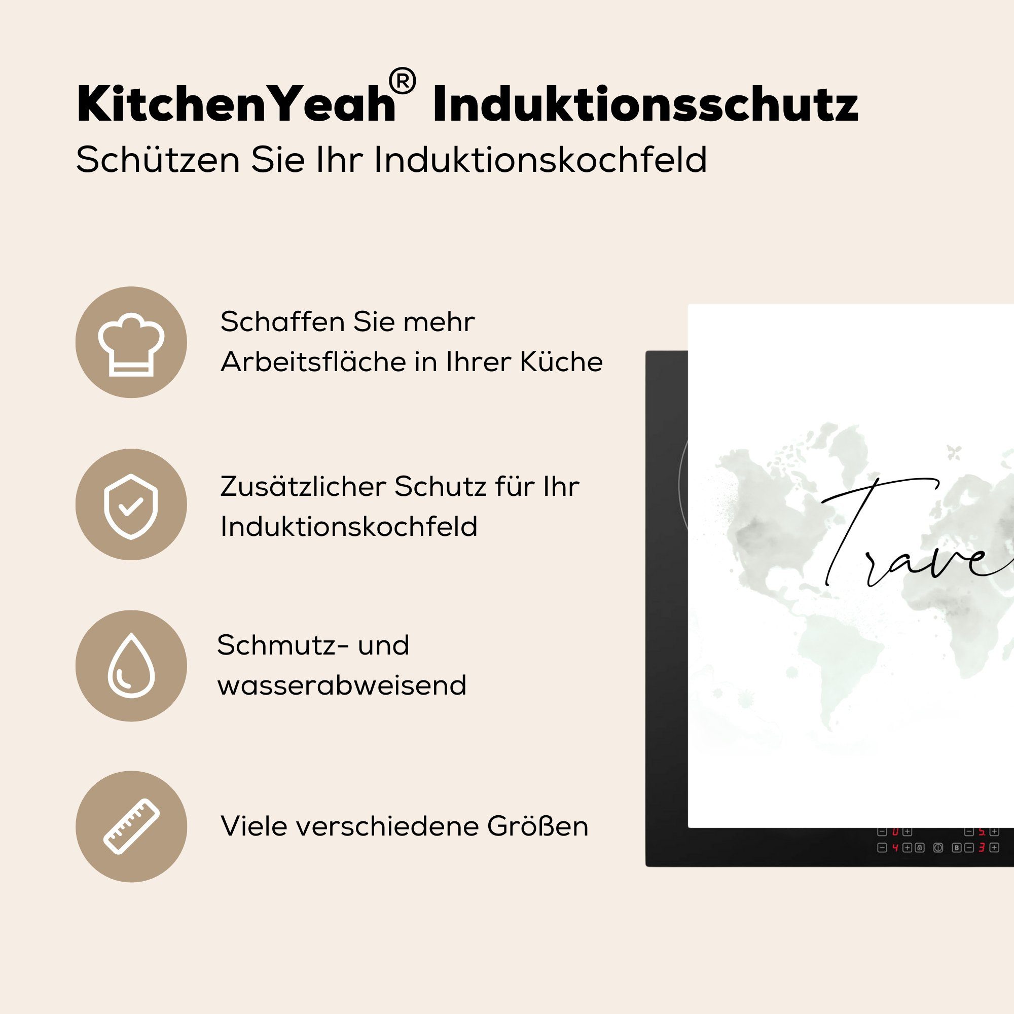 MuchoWow tlg), 78x78 Herdblende-/Abdeckplatte - für - küche Weltkarte Zitate cm, Vinyl, Ceranfeldabdeckung, Arbeitsplatte (1 Reisen,