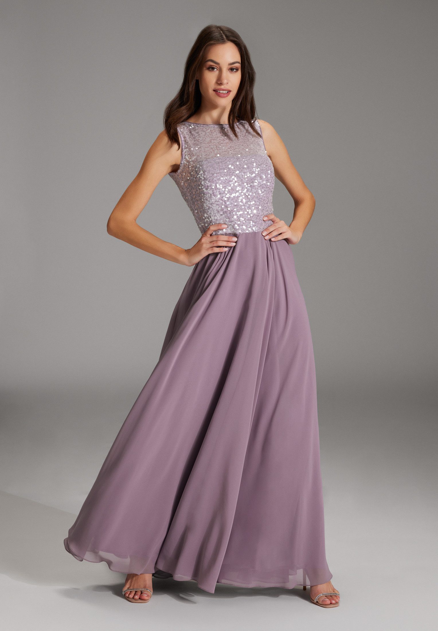 SWING Abendkleid - elegantes Maxikleid - Pailletten- Chiffon- Kleid - Fällt klein aus, bitte eine Größe größer bestellen.