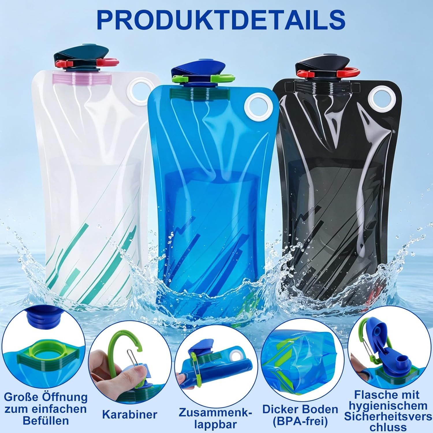 FELIXLEO Trinkflasche 1000ml 6 Stueck Faltbare Trinkflasche Wasserflasche Faltbar Reisen
