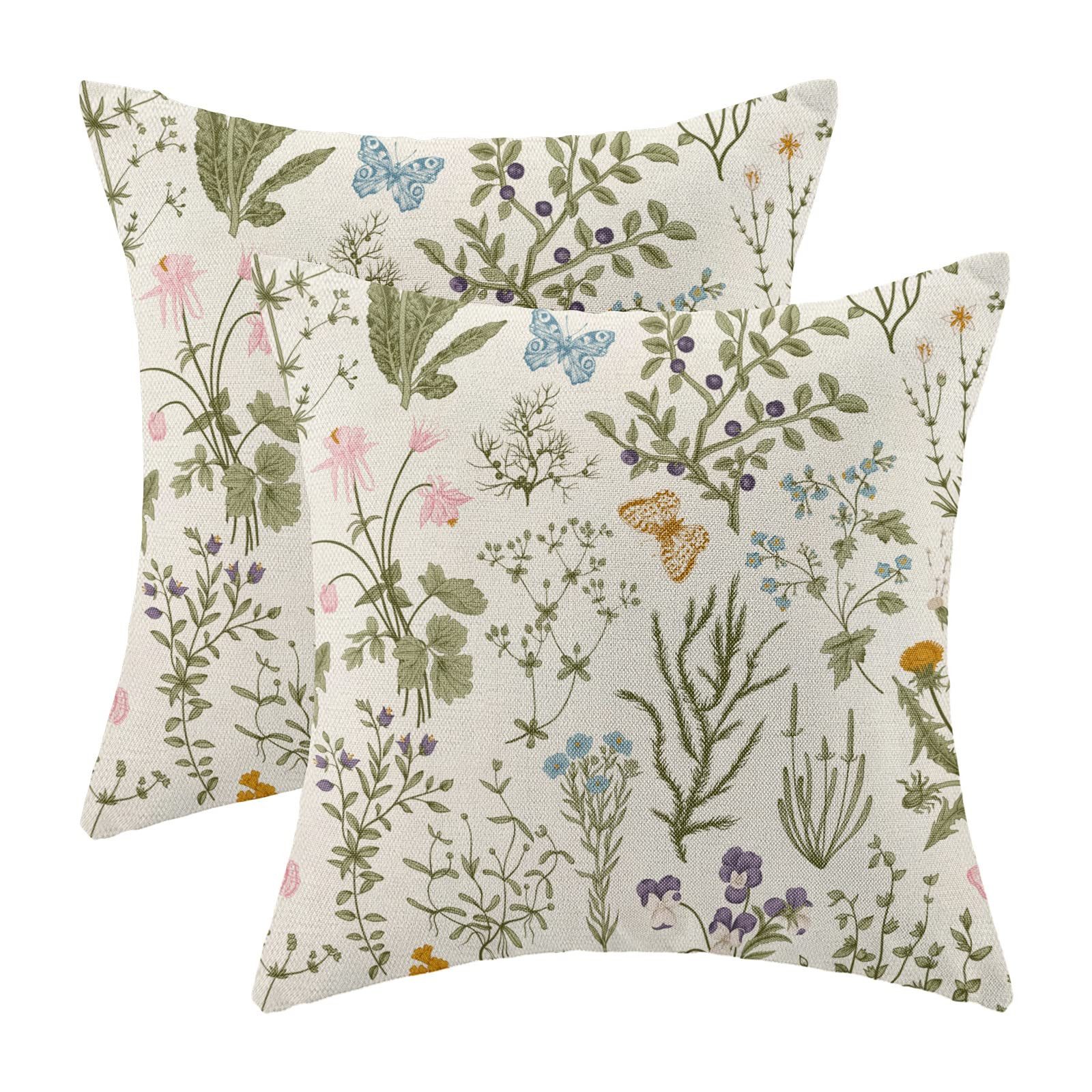 Diwzbyn Kissenbezug Dekorative Kissenhüllen 45 x 45 cm, Salbeigrün mit rosa Wildblumen, (2 Stück), dekorative Kissen für Sofa, Couch, Stuhl oder Bett, Leinen Sofakissen