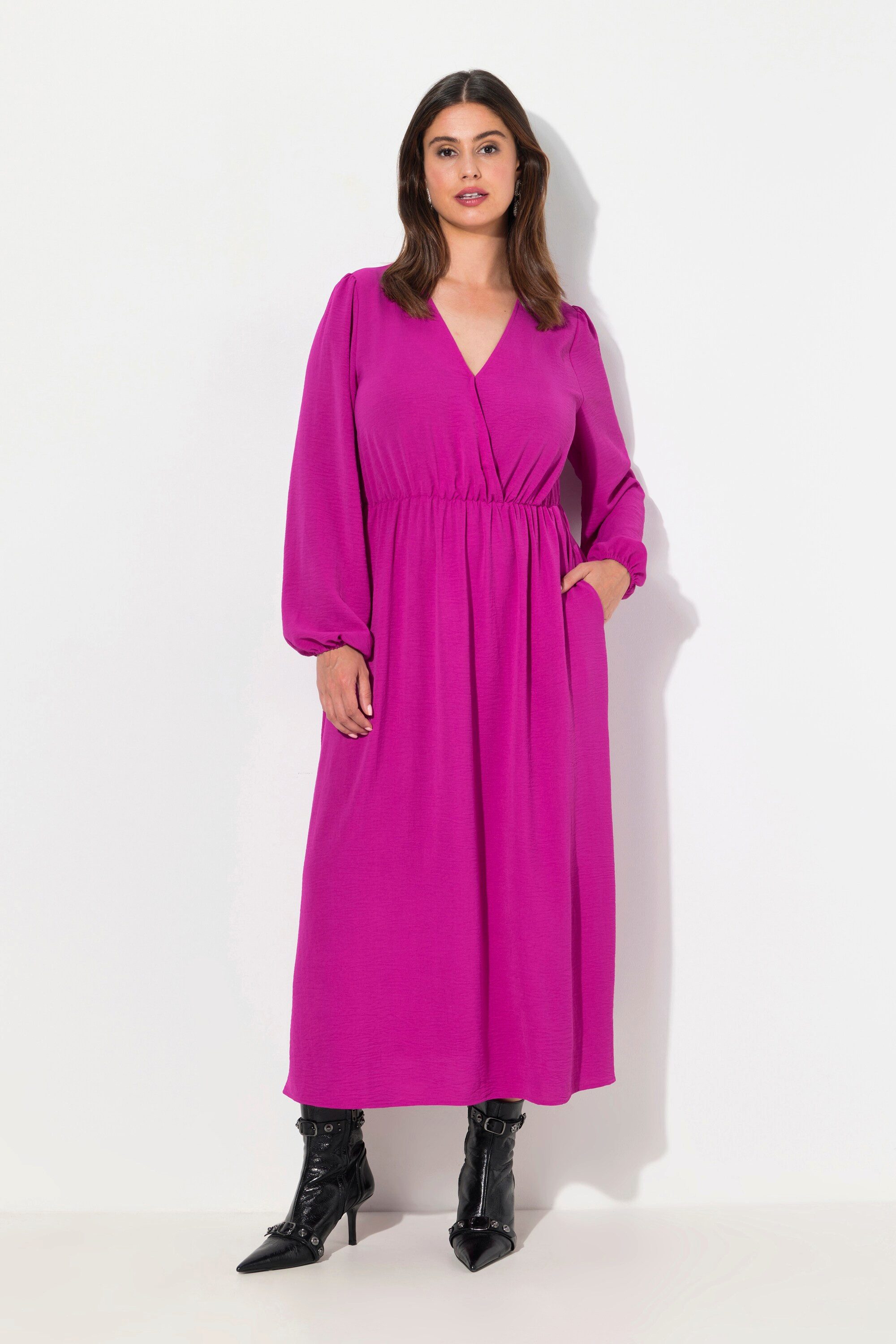 Midikleid Midikleid Wickeloptik A-Linie V-Ausschnitt Langarm