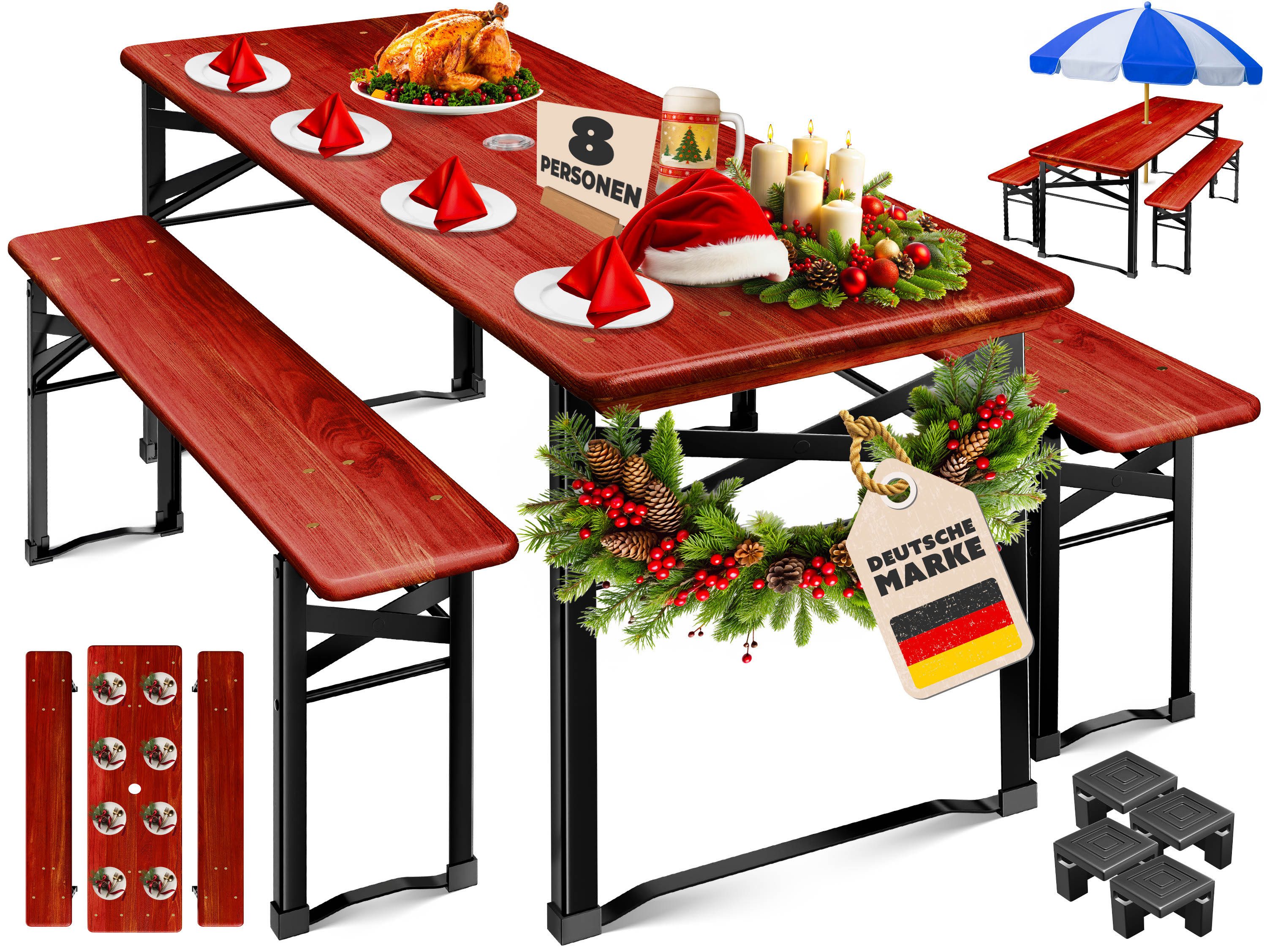 KESSER Bierzeltgarnitur 3 teiliges-Set, Festzeltgarnitur, 170cm, Klappbar, 2x Bierbank, 1x Biertisch, Bodenschoner