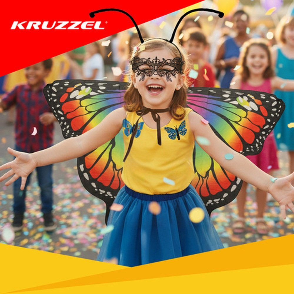 KRUZZEL Kostüm-Flügel Schmetterlingskostüm Kinderkostüm, Komplettset mit Flügeln, Stirnband, Maske und Haarspangen