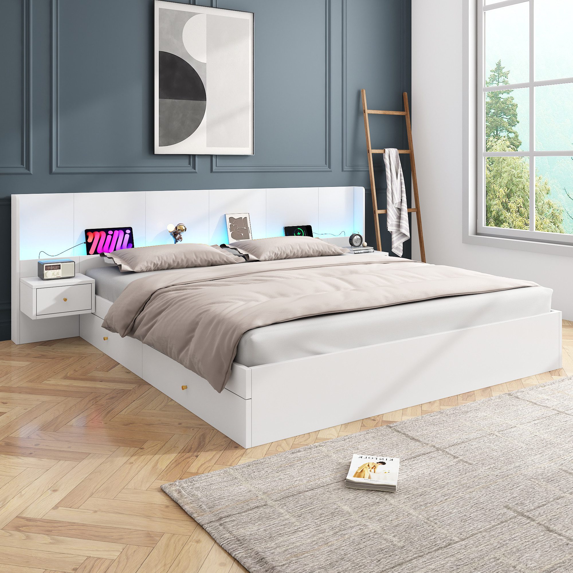 Flieks Holzbett, LED Doppelbett 180x200cm mit Aufladen 2 Nachttische und 2 günstig online kaufen