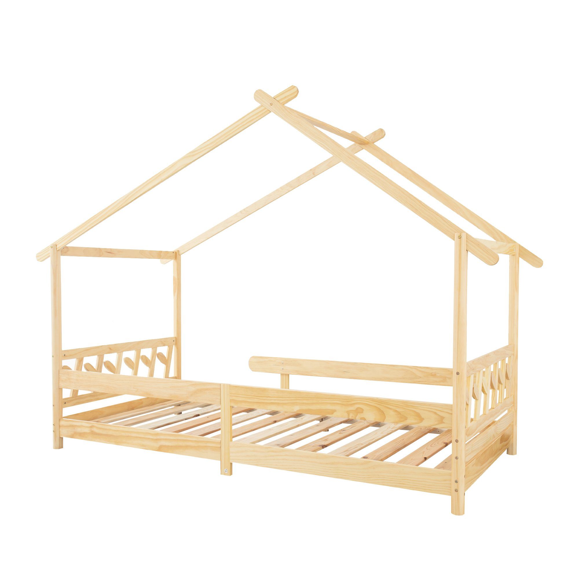 Natur und für Jugendliche Hausbett Kinder Kinderbett Holzbett Rausfallschutz und Lattenrost Gitter Ohne Funktionsbett (Mit Matratze REDOM Lattenrost), mit und Gitter mit 200x90cm,