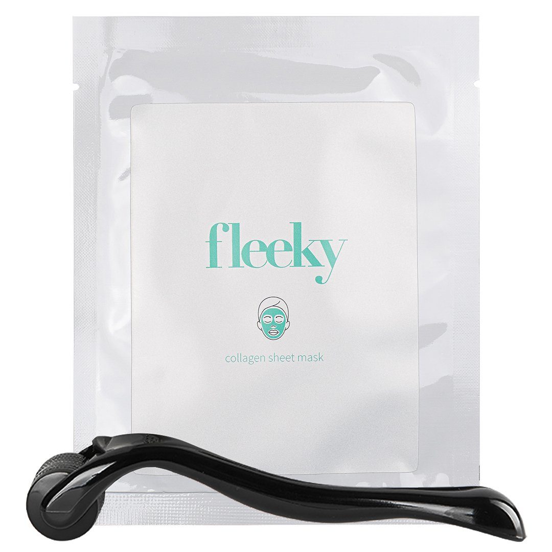 fleeky Tuchmaske Collagen Sheet Mask mit 540 Needle Dermaroller Spar- Set, 1-tlg., straffende Pflege mit Soforteffekt, vegan & tierversuchsfrei