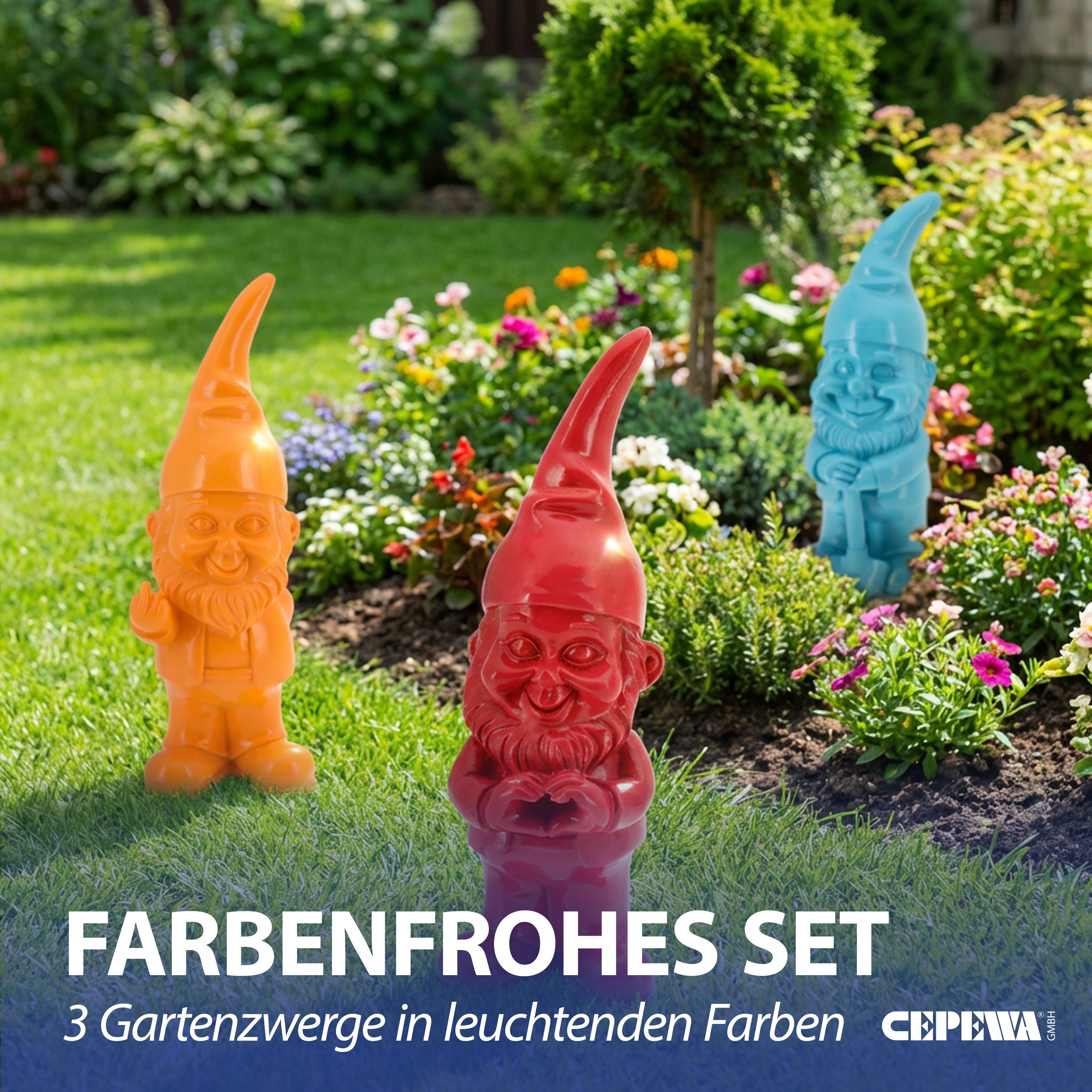 CEPEWA Gartenzwerg XXL Gartenzwerg 3er Set Polyresin rot türkis orange 20x60x16cm Figur