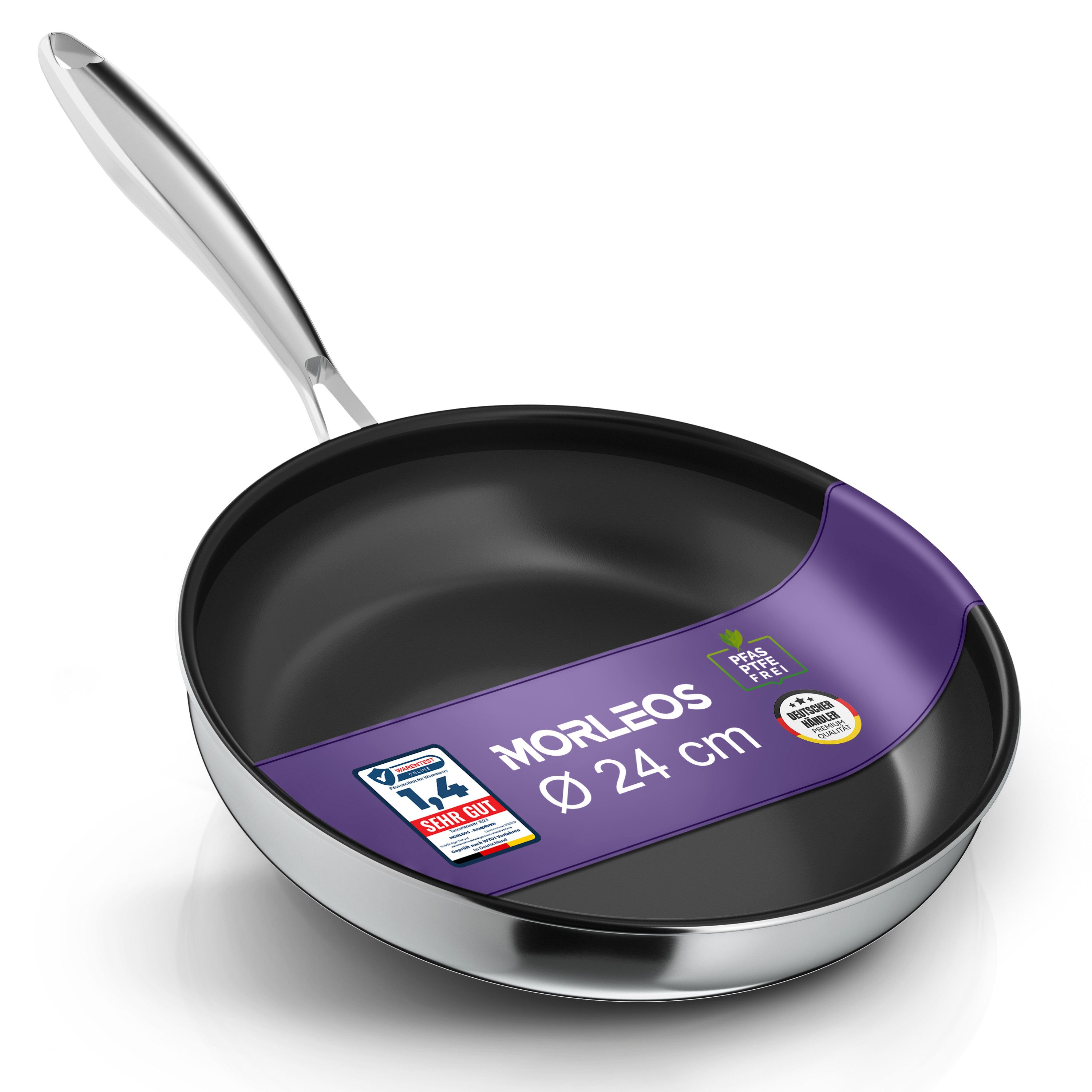 Morleos Bratpfanne Keramikpfanne Ø 24cm, Vollbeschichtet, 5-Schicht - 3mm, Edelstahl (Cerasana), 5-Schicht, 3mm, 1kg, backofenfest, spülmaschinengeeignet, Antihaft