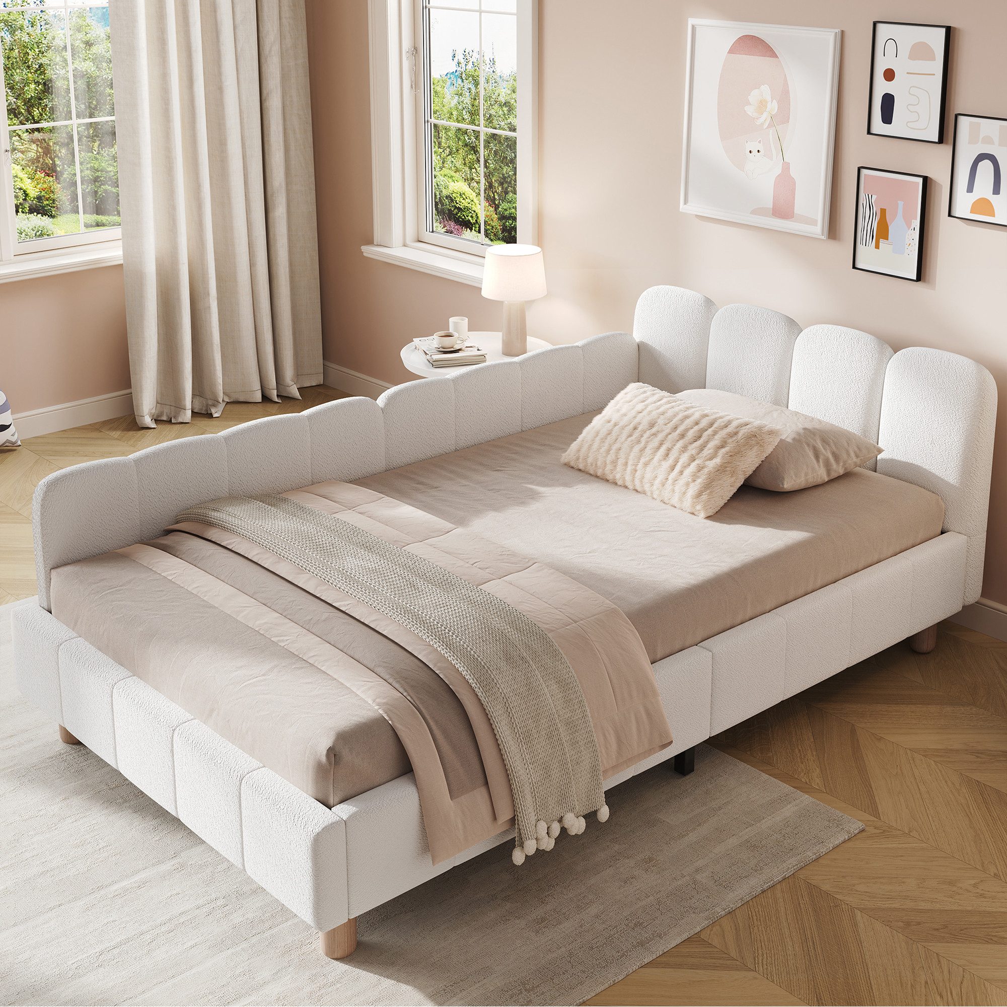 MODFU Polsterbett Inklusive Rausfallschutz für mehr Sicherheit (Packung, 1-tlg., aus Bouclé Stabile Massivholzbeine, geeignet für Kinder & Jugendliche), 90x200 cm mit variablen Armlehnen und Lattenrost(ohne Matratze)