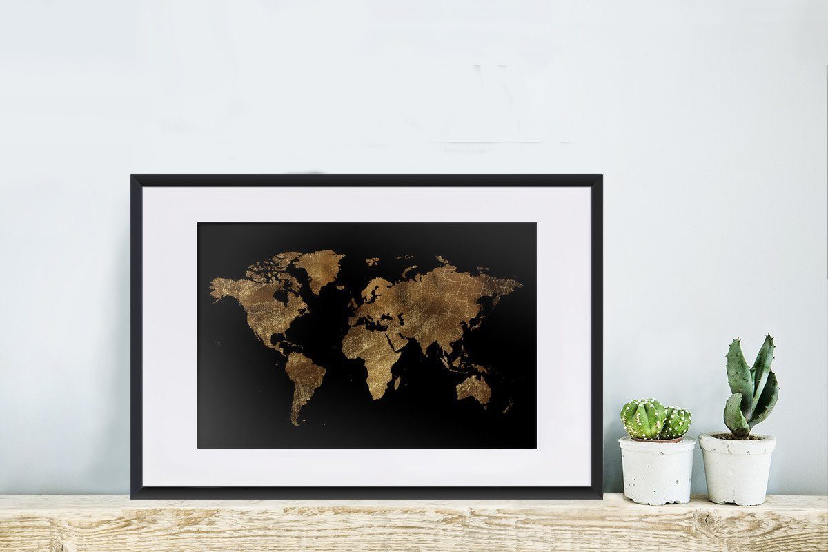 Schwarzem Gold mit Weltkarte - Bilderrahmen - St), Gerahmtes (1 Rahmen, MuchoWow Luxus Poster Kunstdruck, Erde Poster, - - Schwarz,