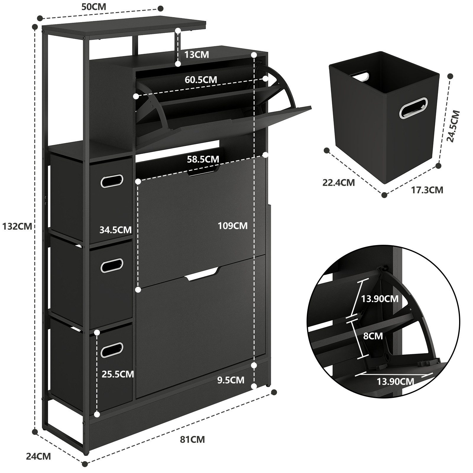 Puluomis Schuhschrank mit 3 Stoffschubladen, Aufbewahrungsschrank für Schuhe, 81x24x132cm Kippsicherer Flurschrank mit Höhenverstellbaren Böden & Füßen