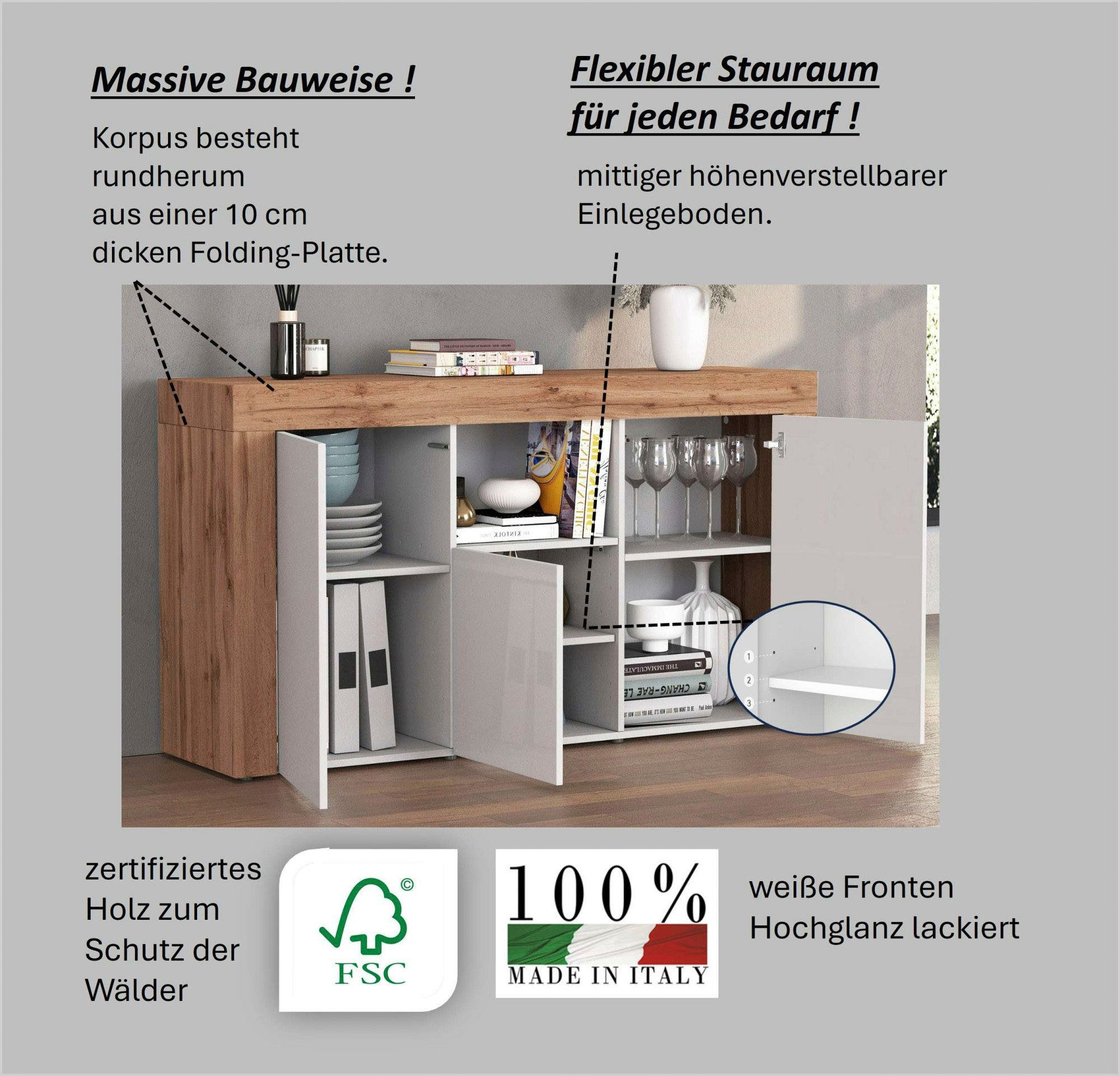 OTTO home Sideboard CHRONOS Breite 155 cm mit 3 Türen, 1 offenes und 6 geschlossene Fächer (1 St), Sideboard,Kommode, Schrank, Grifflos mit Push to Open, Made in Italy