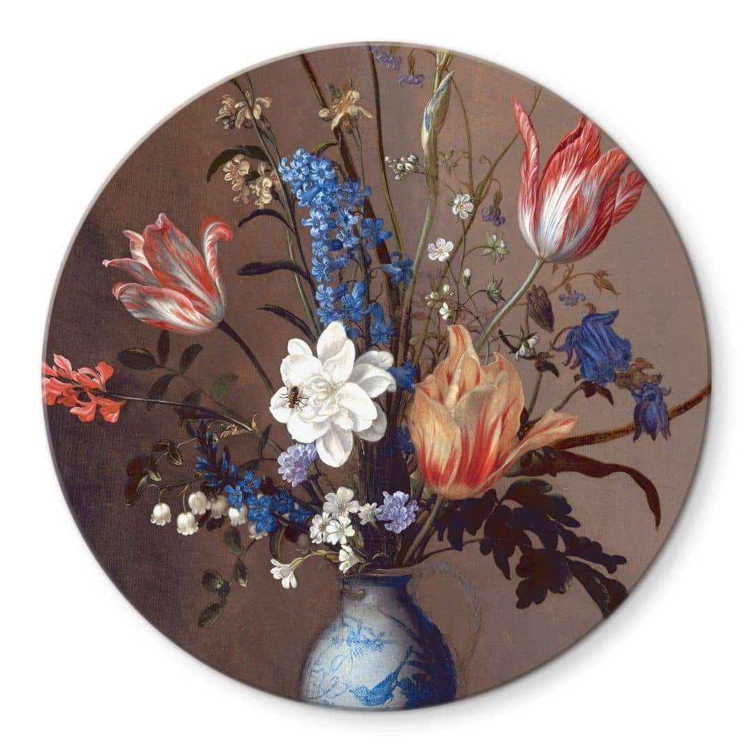 K&L Wall Art Glasbild Glas Wandbild Rund Glasbild Van der Ast Blumen in WanLi Vase, Wandschutz Deko Bilder