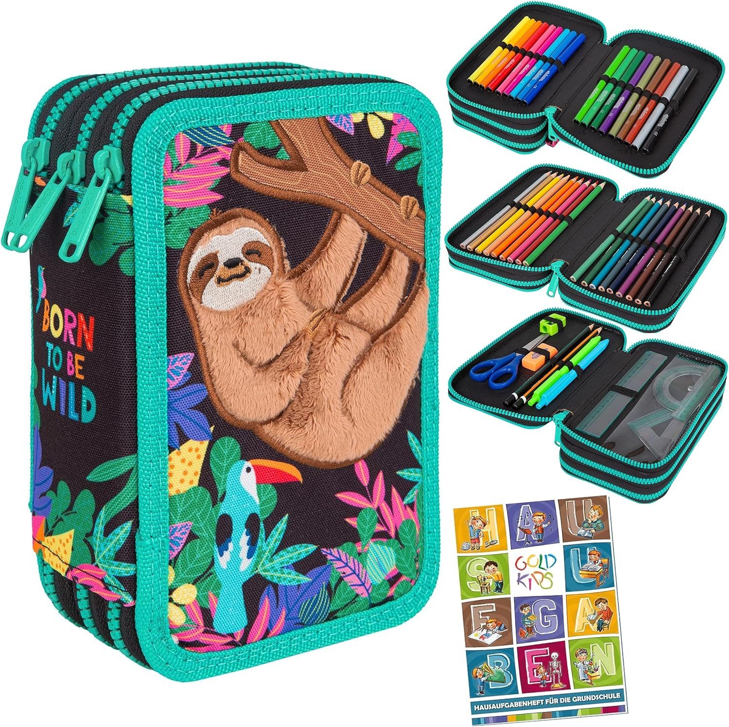 GOLDKIDS Federmäppchen Federtasche 3-fache, (Federtasche Schülerplaner Faultier Federmäppchen 46-teilig gefüllte Schüleretui, 1-tlg., Stifte und Pinsel Hausaufgabenheft Stiftetasche), Schlamper-Etui Schul-Etui Mädchen Jungen