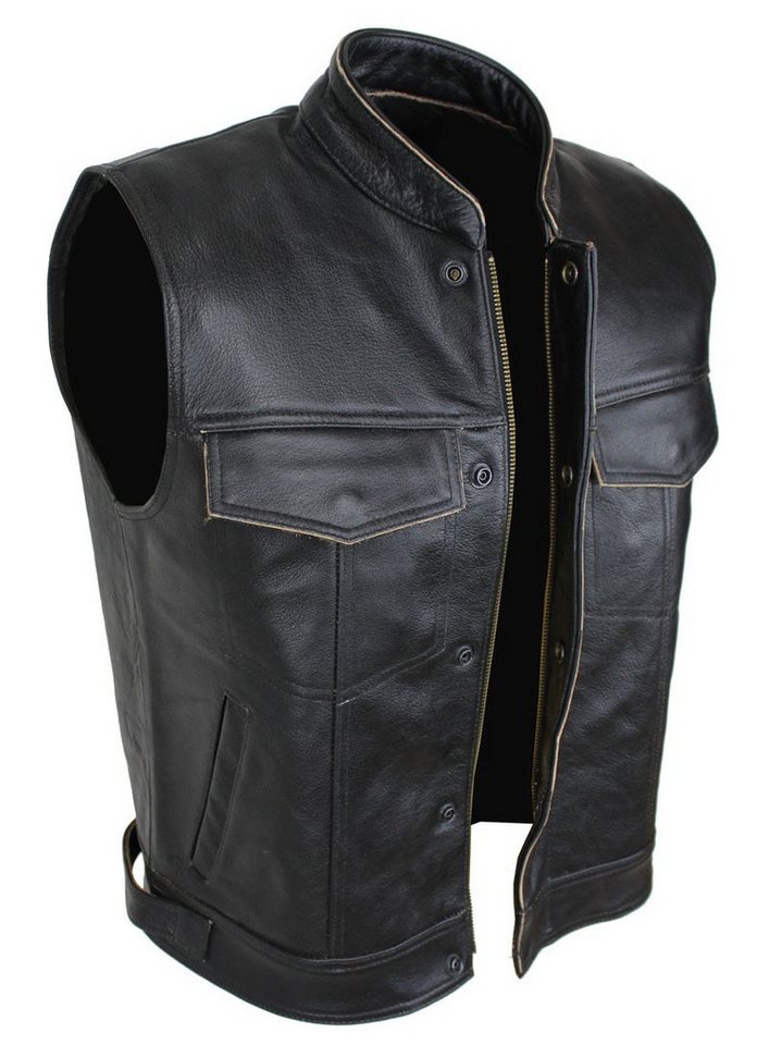 Alpha Speeds Lederweste Herren ANARCHY KLASSIKER Motorrad/Biker Schwarz mit Retro braunem Rand Robustes Rindsleder, viele Taschen, verstellbar, YYK-Verschluss