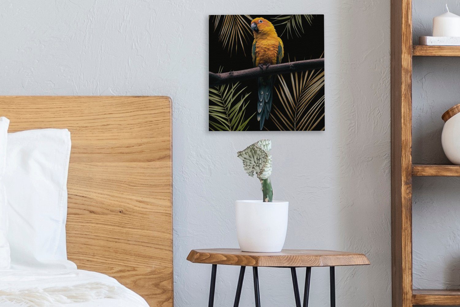 - - Zweig Papagei Wohnzimmer OneMillionCanvasses® Blätter, Vogel - Bilder Leinwand für Schlafzimmer bunt St), Leinwandbild (1