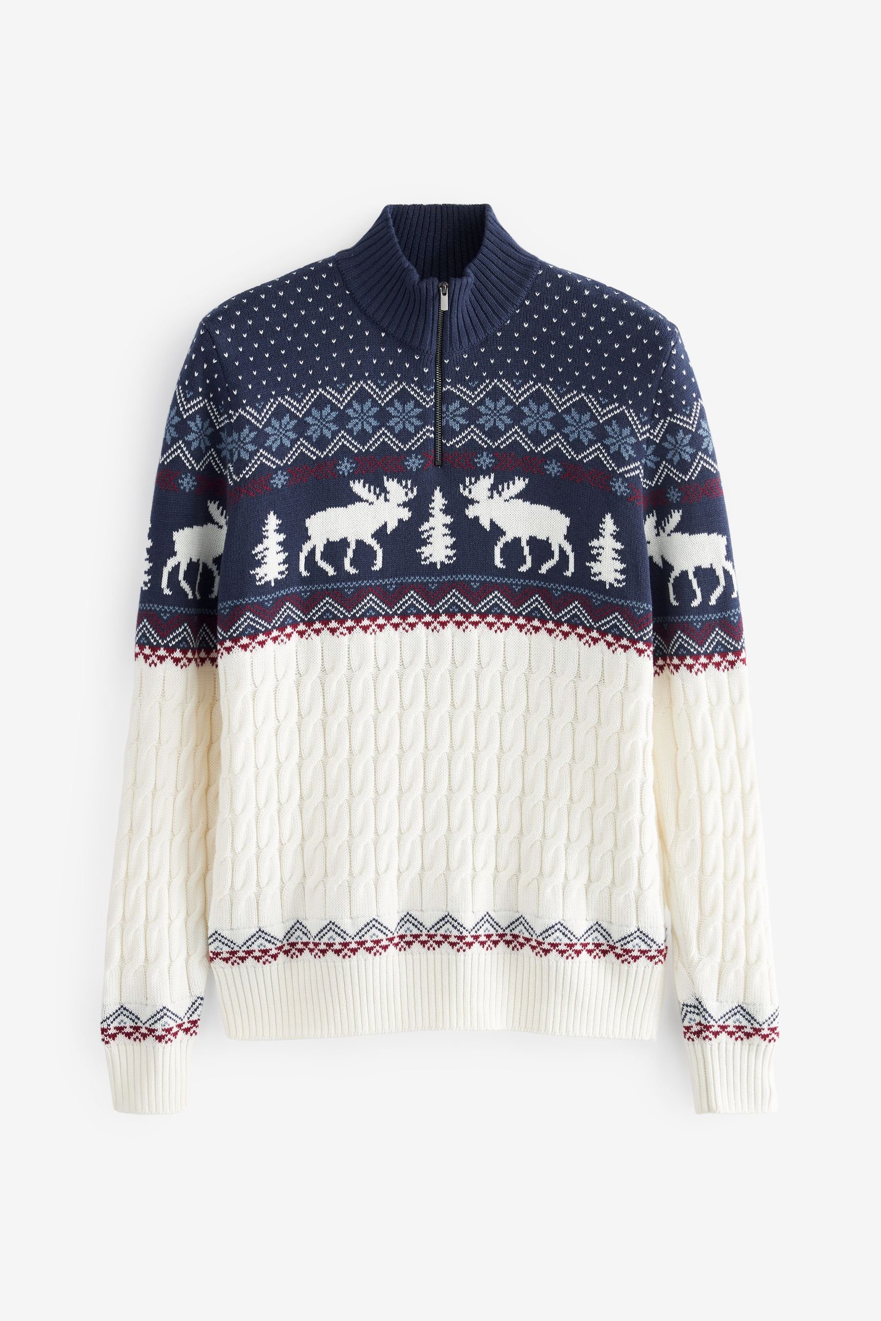 Next Rundhalspullover Weihnachts-Strickpullover mit Reißverschlusskragen (1-tlg)