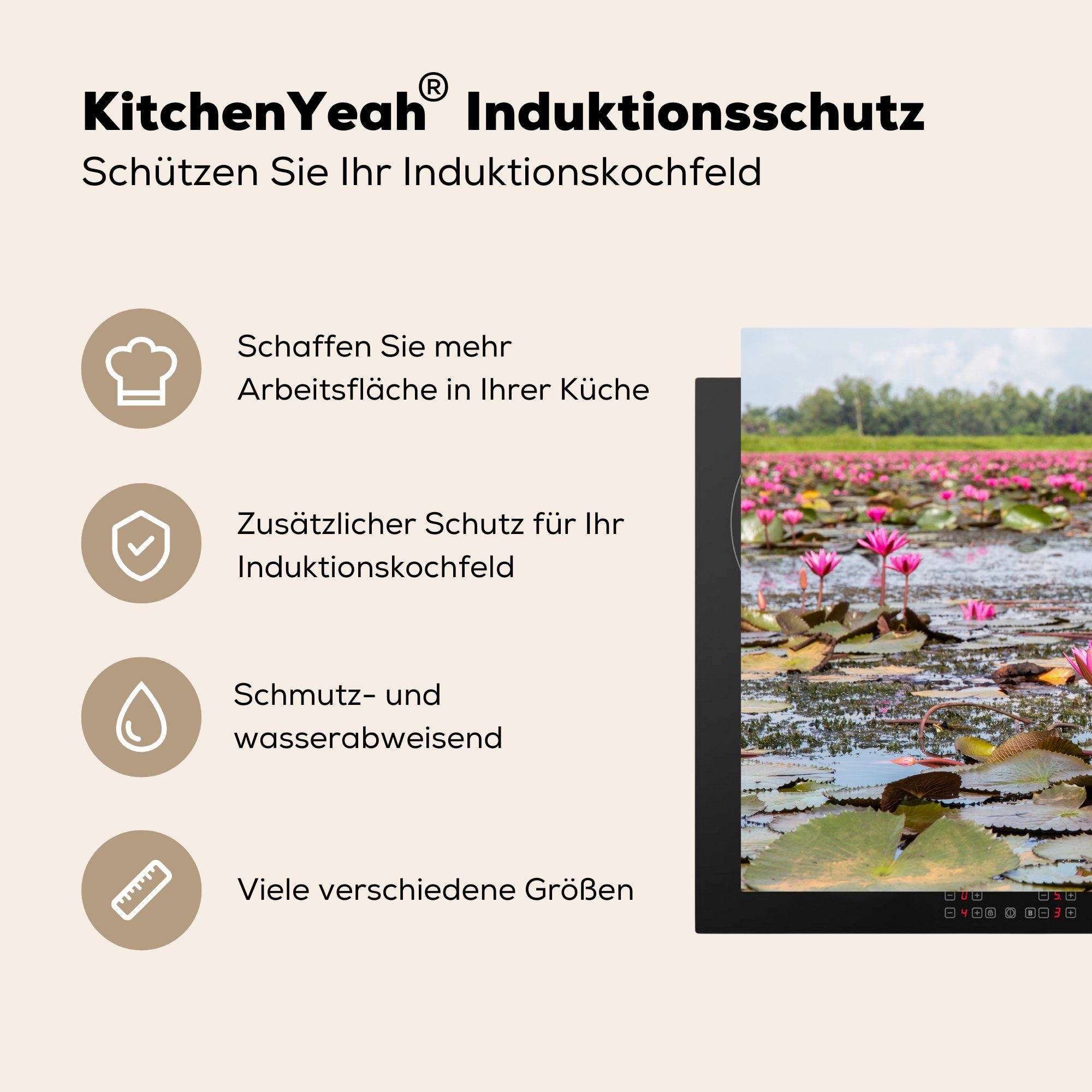 MuchoWow Herdblende-/Abdeckplatte Rosa Seerosen in cm, Teich, Schutz (1 Ceranfeldabdeckung 81x52 Vinyl, für küche, tlg), die Induktionskochfeld einem