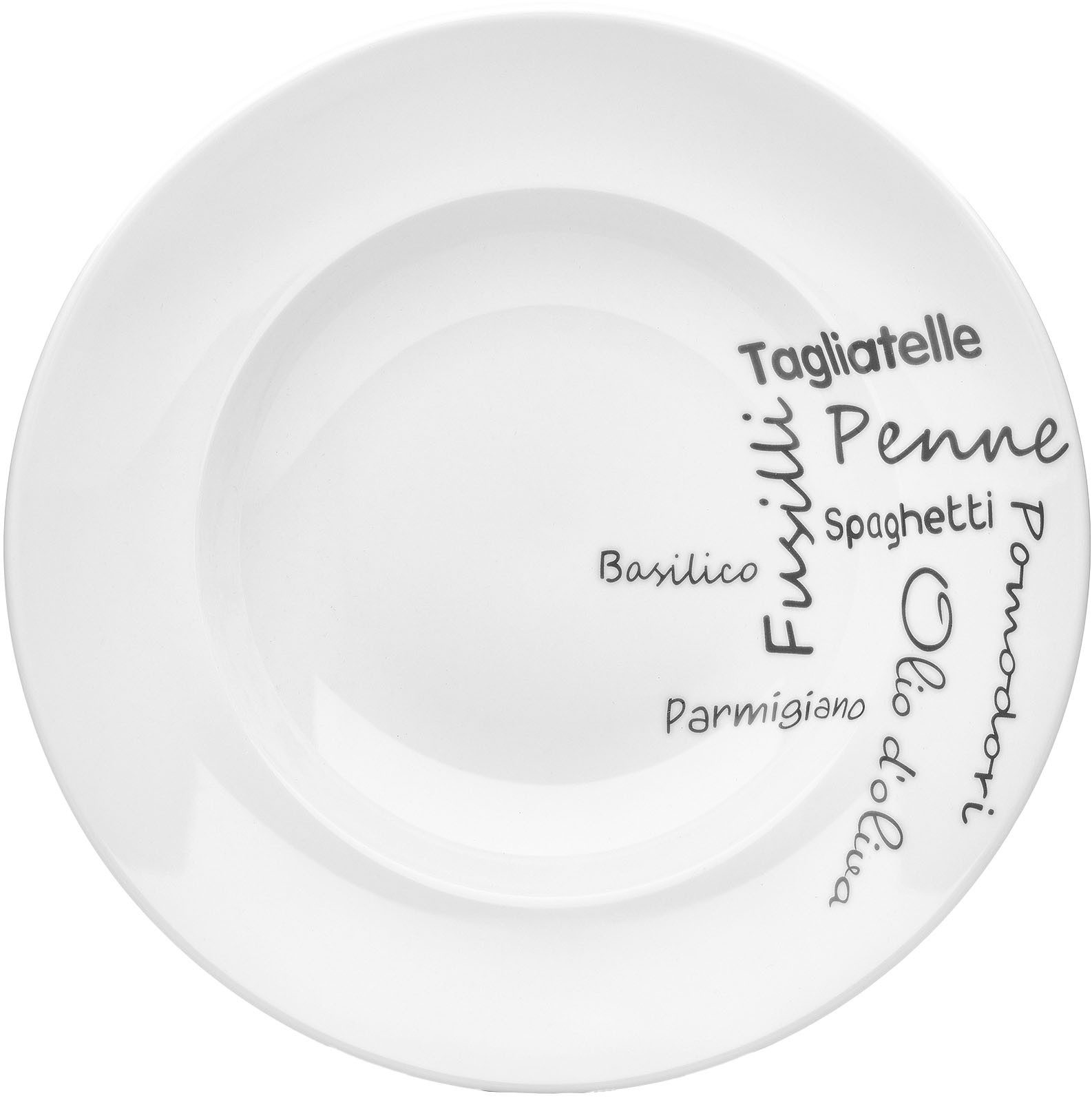 van Well Pastateller Teller Set, Italia, Teller 27 cm, 6 Stück, (6 St), Porzellan, Typografie-Design, spülmaschinen-/mikrowellengeeignet