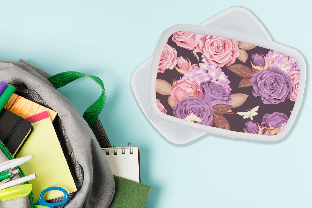 und Erwachsene, und Rosa, für Schmetterlinge - - Jungs Kunststoff, Brotbox Lila Kinder Mädchen Brotdose, Lunchbox (2-tlg), - MuchoWow Blumen weiß für
