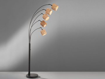 meineWunschleuchte LED Stehlampe, LED wechselbar, Warmweiß, Bogenlampe 5flammig dimmbar, Lampenschirme Naturmaterialien geflochten