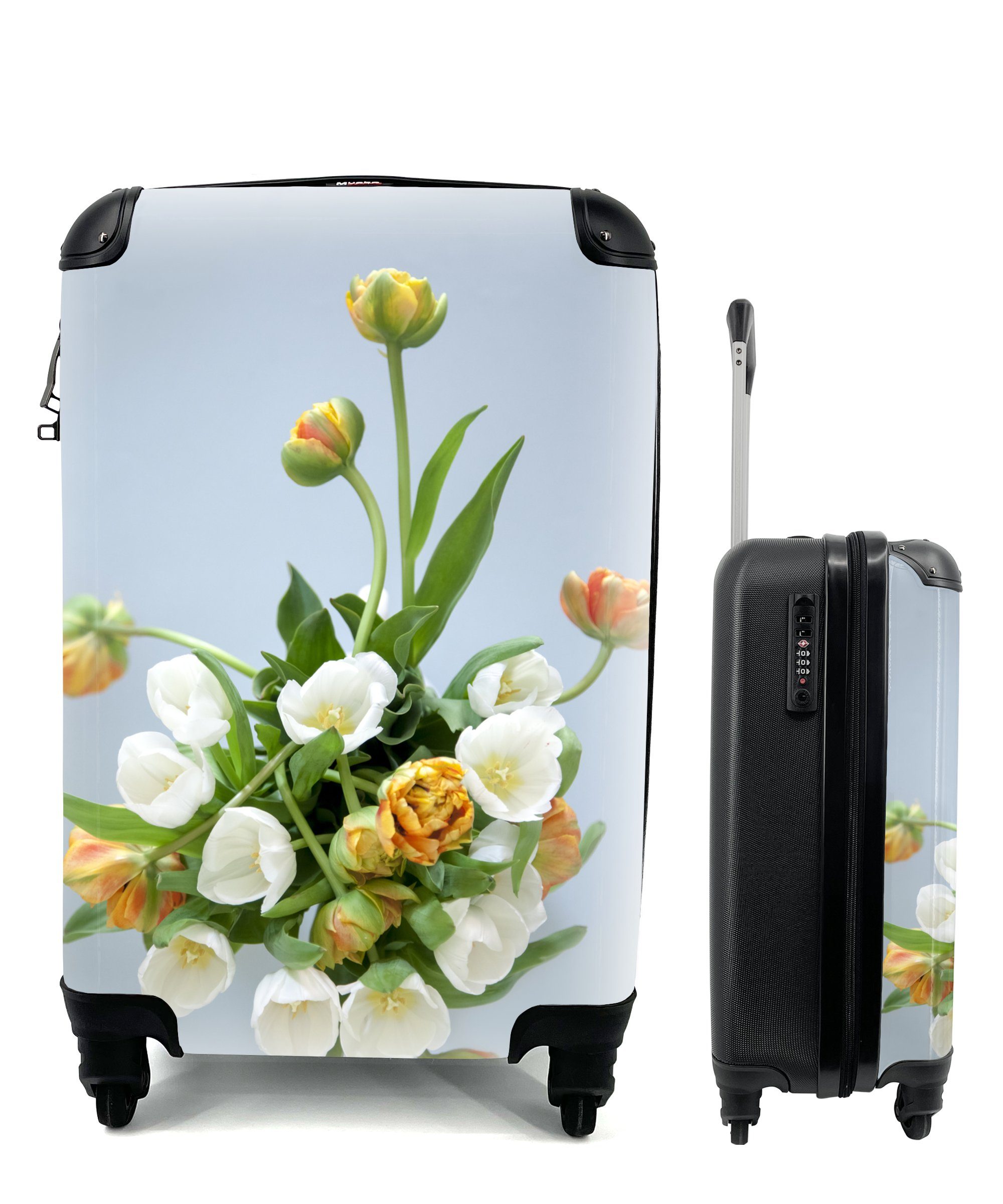 MuchoWow Handgepäckkoffer Weiße und orangefarbene Tulpen weißer Hintergrund, 4 Rollen, Reisetasche mit rollen, Handgepäck für Ferien, Trolley, Reisekoffer