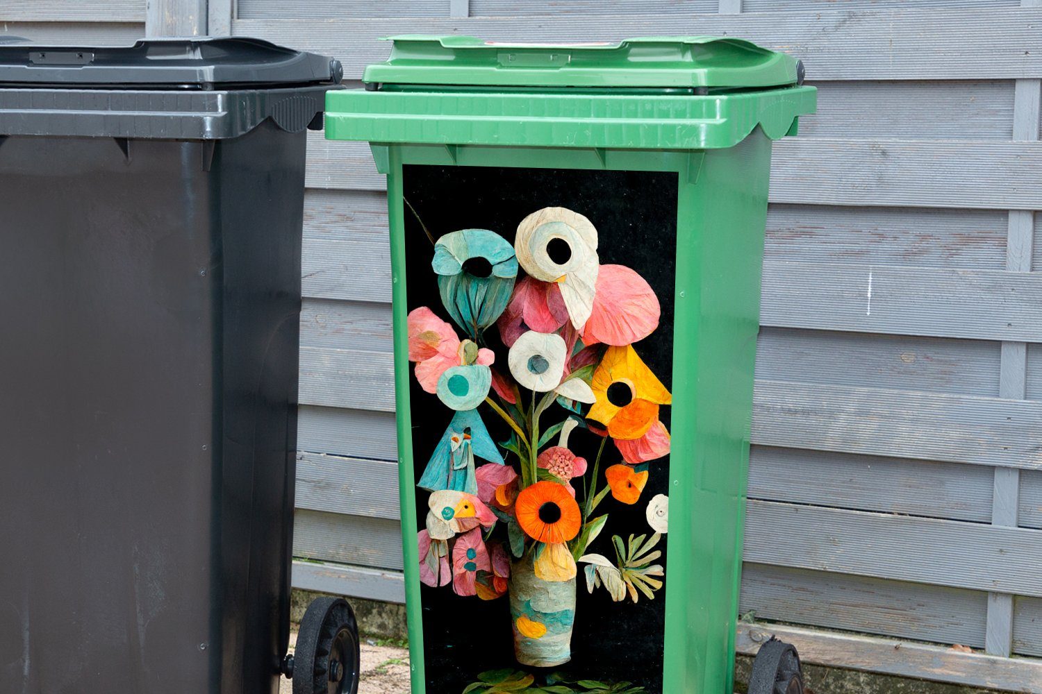 - Blumen - Sticker, (1 Farben Mülleimer-aufkleber, St), Container, MuchoWow Vase - Mülltonne, Abfalbehälter Wandsticker Blumenstrauß
