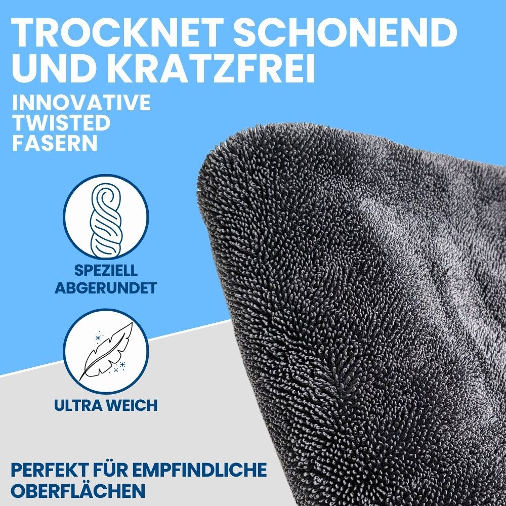 IVALITY Ultra Saugstarkes Auto Trockentuch XXL 80x50 cm Microfaser - 1800 GSM Mikrofasertuch (Keine Wasserflecken oder Schlieren mehr -, 1-tlg., - Innovatives Twisted Towel Trockentuch -, Weltweit saugstärkstes Trockentuch, Premium Qualität, Maschinenwäsche)