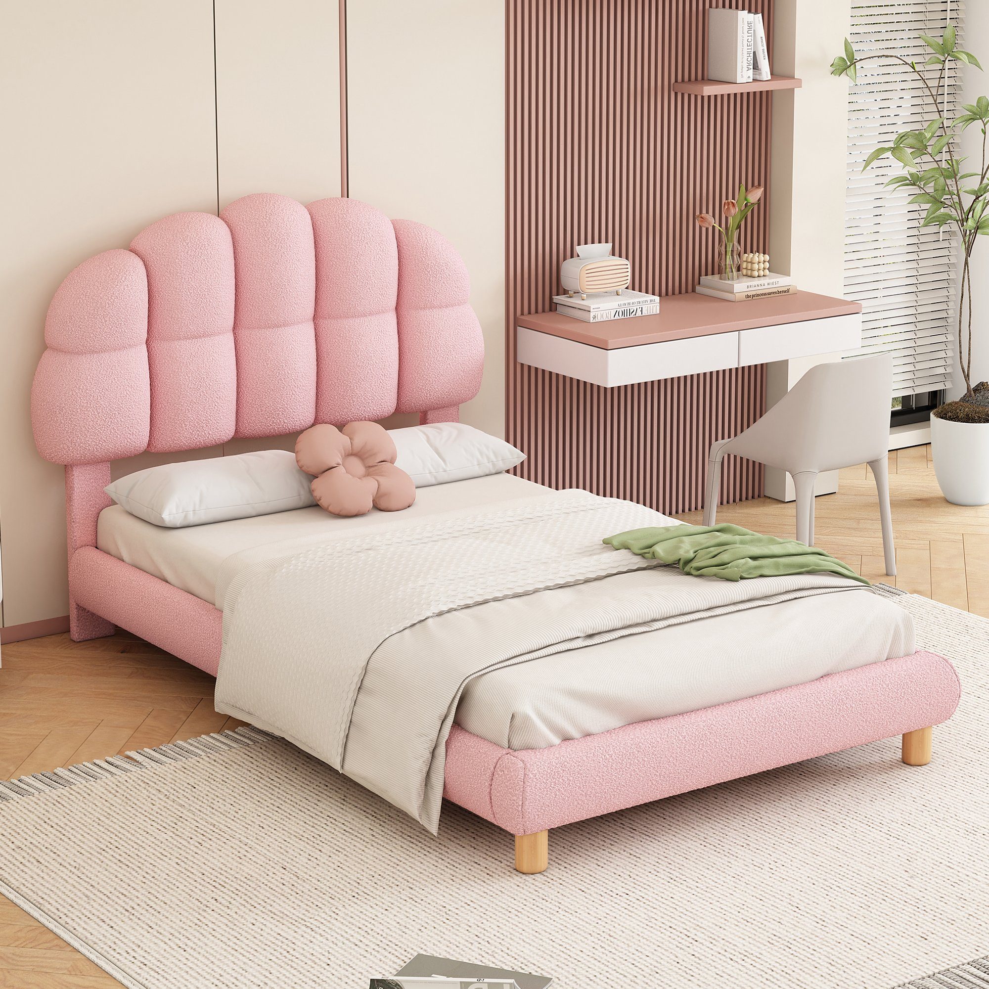 Ulife Polsterbett Kinderbett, Jugendbett mit Samtbezug, Halbkreisform Kopfteil, 90 × 200 cm, Rosa