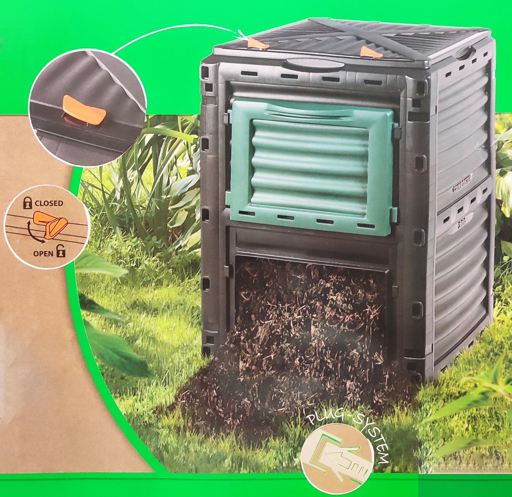 Progarden Komposter Y0860, inkl. 300 L Stecksystem 61x61x83 Ventilationsöffnung cm, BxTxH