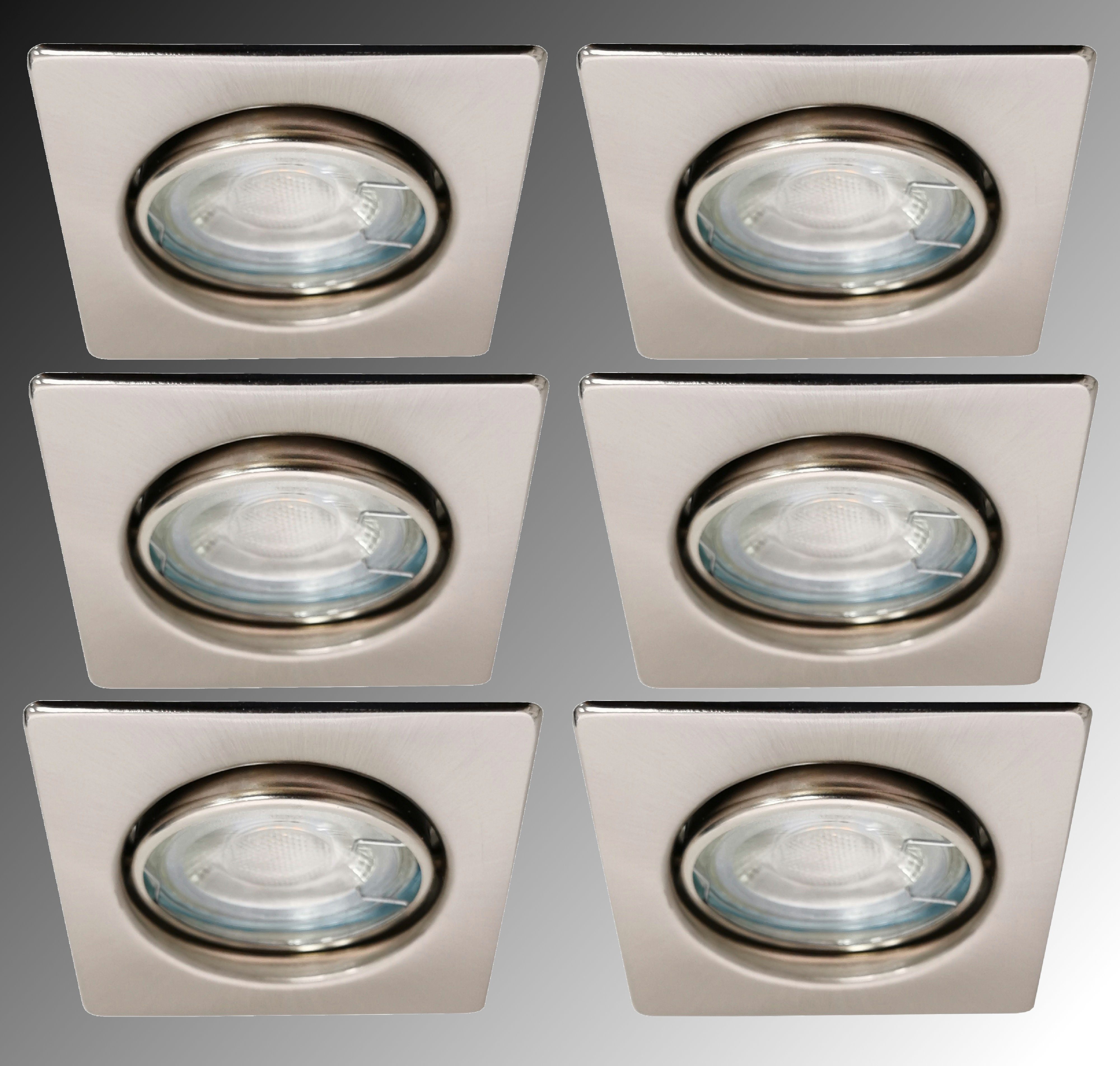 TRANGO LED Einbauleuchte, 6er Set 6729-062SM6KSD LED Einbaustrahler Nickel matt Eckig inkl. 6x 5 Watt 6000K Tageslichtweiß - 3 Stufen dimmbar Ultra Flach LED Modul, Deckenspot, Einbauspot, Deckenleuchte, Downlight