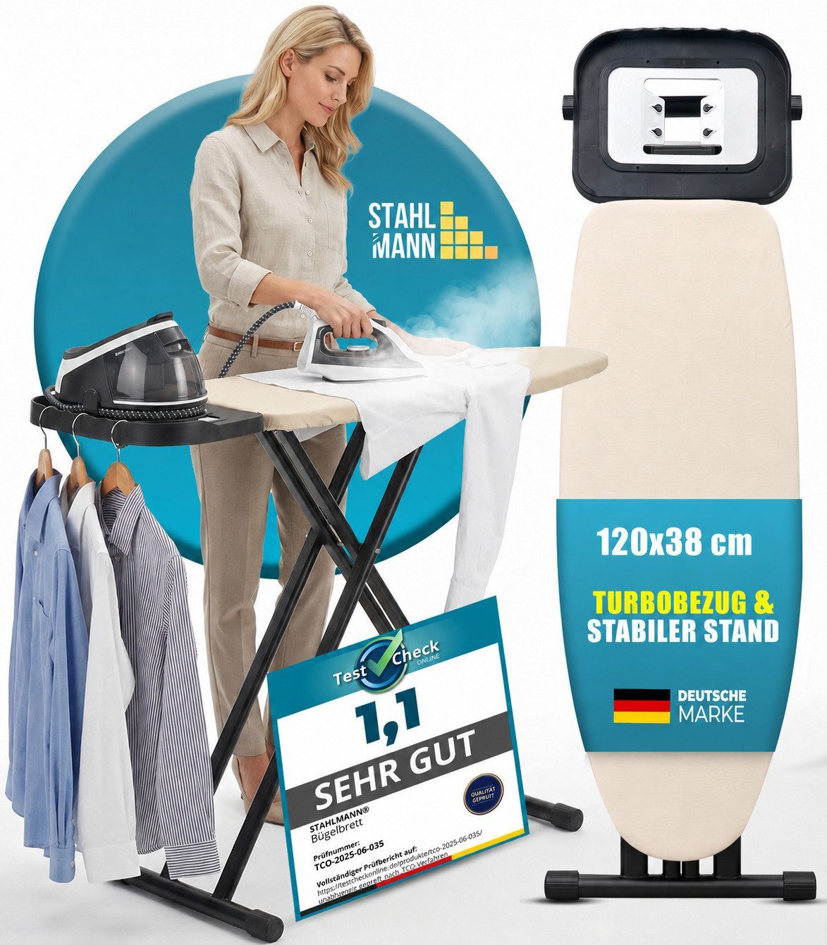STAHLMANN COMMERCE GmbH Bügelbrett Scorpio Oval [120 × 38 cm], Made in EU, TestCheck 1,1, Mesh, Bügelfläche 120x45 cm, Made in EU · Oval · TestCheck 1,1 SEHR GUT