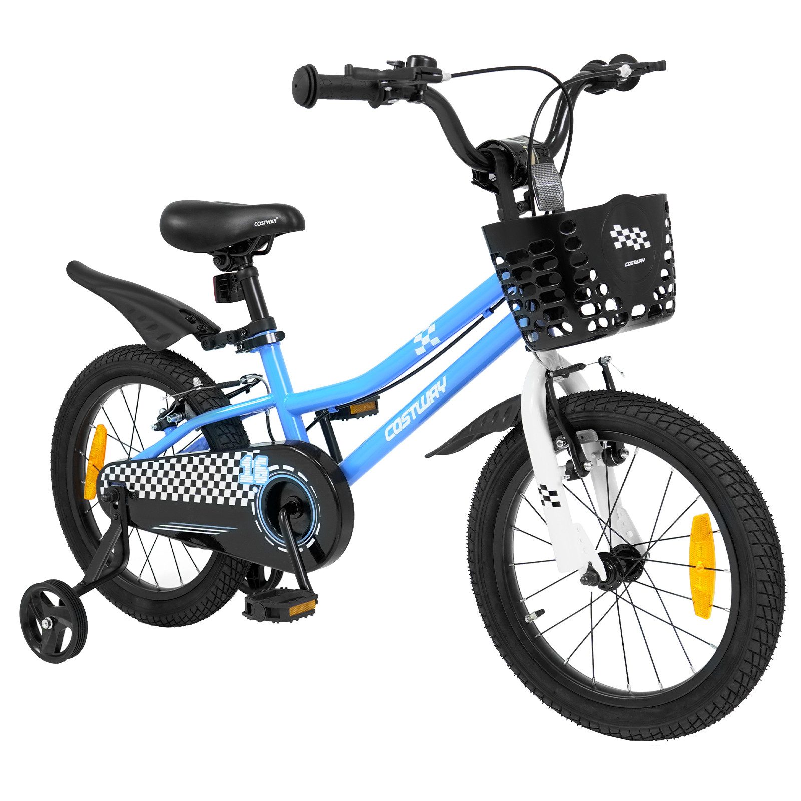 COSTWAY Kinderfahrrad, Mit Korb, Klingel, Schutzblech & Stützrädern