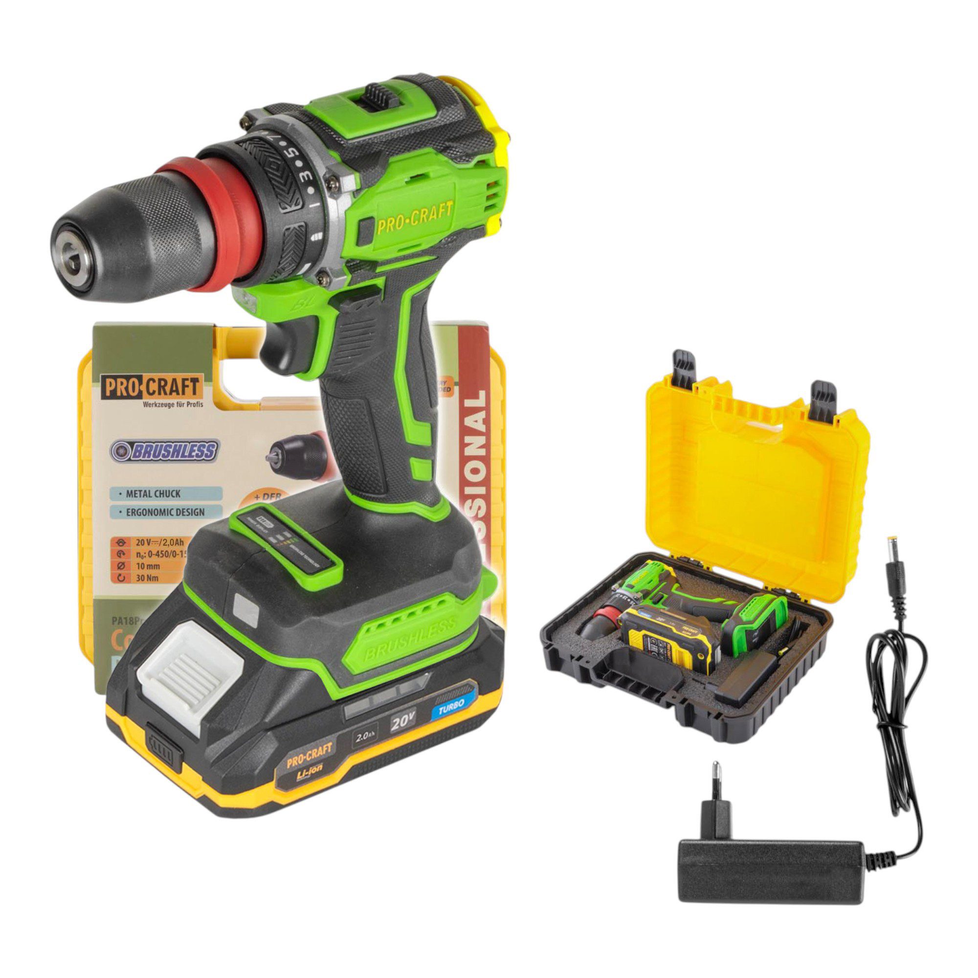 PRO CRAFT Akku-Schrauber PA18PRO DFR-1B-C 20 V 30 Nm Brushless + 1x Akku 2 Ah + Lader + Koffer