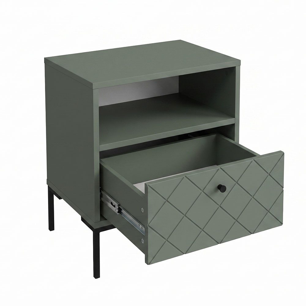 Feldmann-Wohnen Nachtschrank Vitoria (2 Schubladen, 2 offene Fächer, 2-St., moderne Optik, 2er-Set, Metallfüße, Knopfgriffen) 2er-Set Nako 44x38x53cm grün