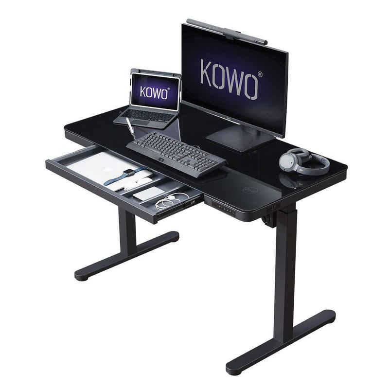 KOWO Schreibtisch Glas Arbeitstisch Höhenverstellbar Elektrischer Bürotisch Home Office, Mobilo, Sitz- & Stehpult, 2-Fach-Teleskop, mit Memory-Steuerung