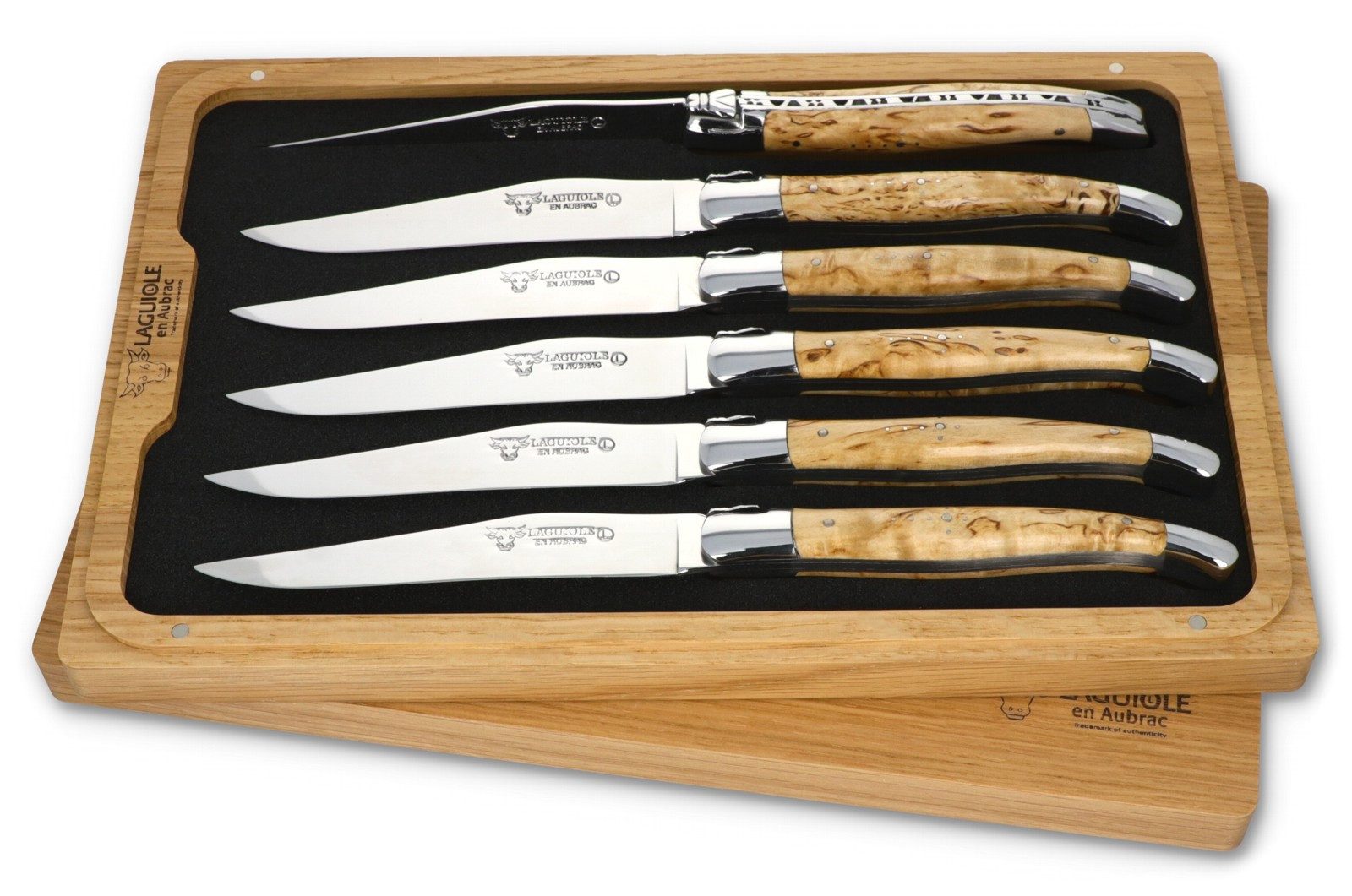 Laguiole en Aubrac Стейк ножи 62C99BHIH BRI 6er Set - Griff Birke - Backen glänzend - Klinge glänzend - Holzbox