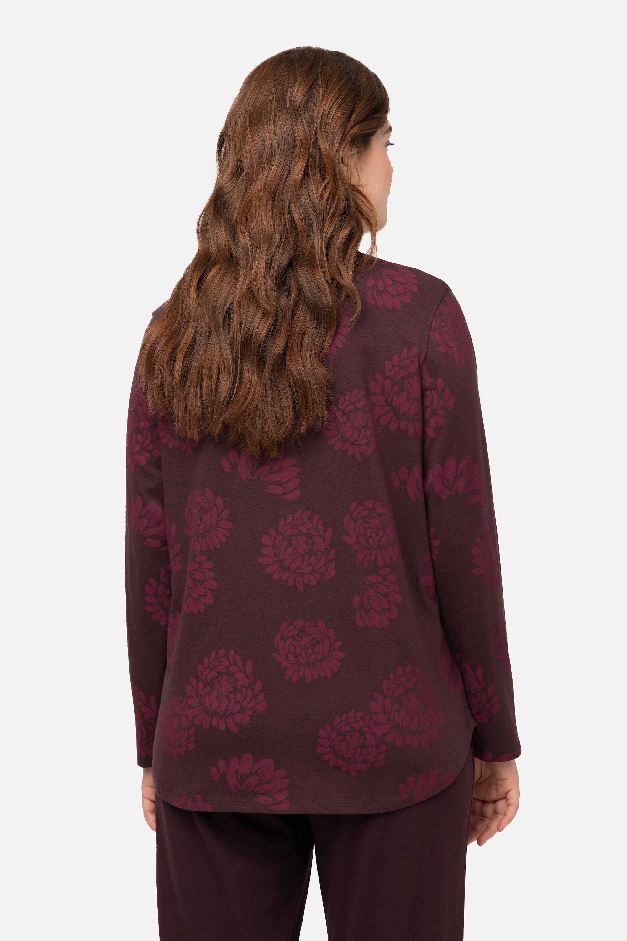 Ulla Popken Pyjamaoberteil Pyjama-Shirt Tunika-Ausschnitt floraler rot Druck