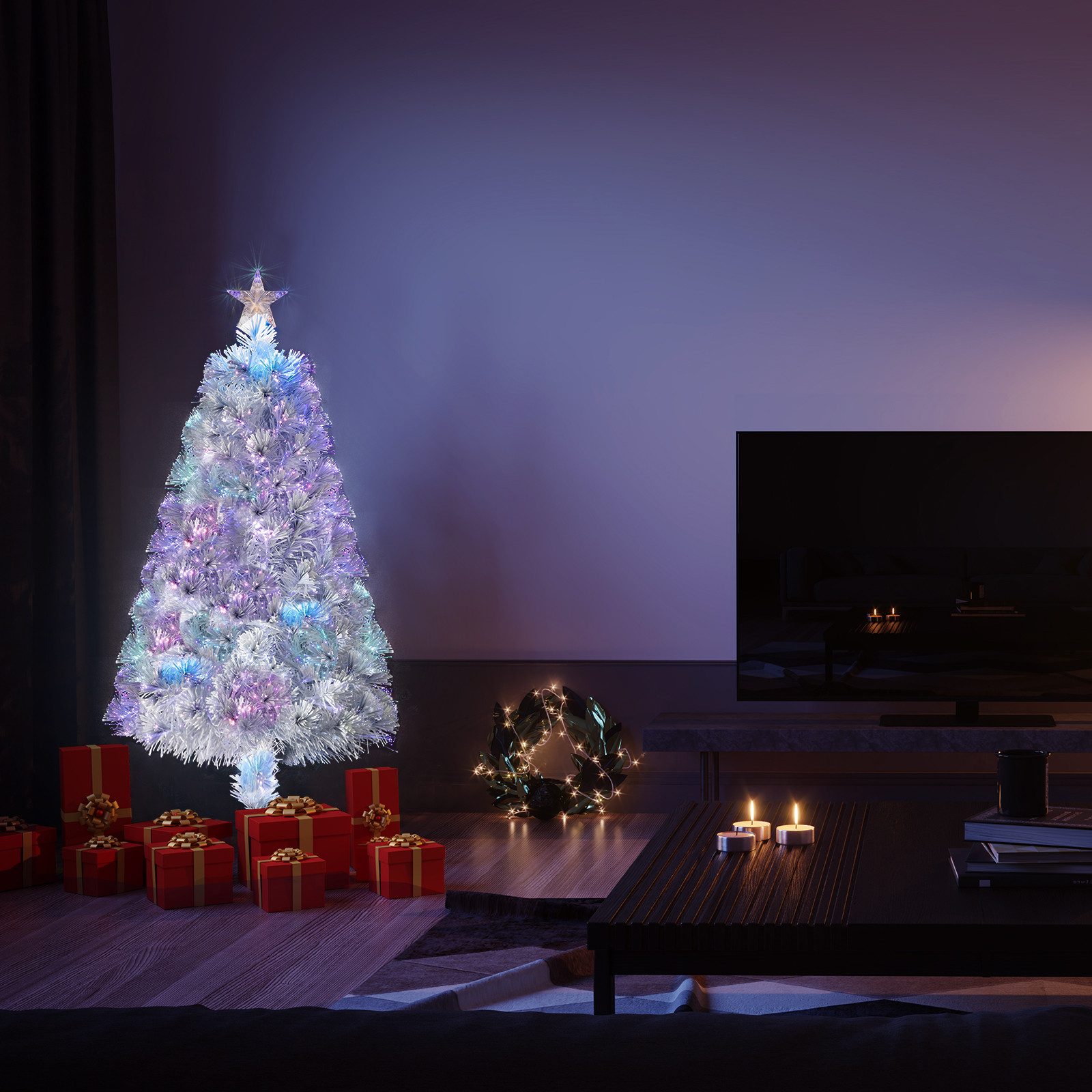 LALAHO Künstlicher Weihnachtsbaum Künstlicher Tannenbaum mit Optischer Faser Beleuchtung, 120cm mit 120 Spitzen, für Weihnachten-Dekoration, Weiß