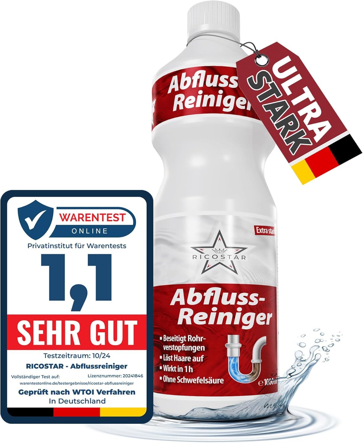 Ricostar Abflussreiniger 1000ml-Profi Rohrreiniger gegen Verstopfungen Rohrreiniger (1-St. 1x 1000ml Profi Rohrreiniger, 1000ml - extra stark)