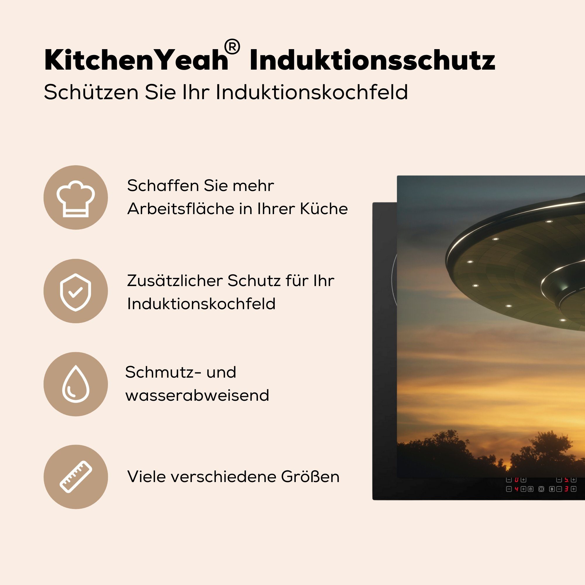 eines Auto Illustration Eine Ceranfeldabdeckung, das - küche Jungen MuchoWow Arbeitsplatte ein für (1 cm, 83x51 tlg), jagt in Herdblende-/Abdeckplatte Luft Vinyl, UFOs, -, die