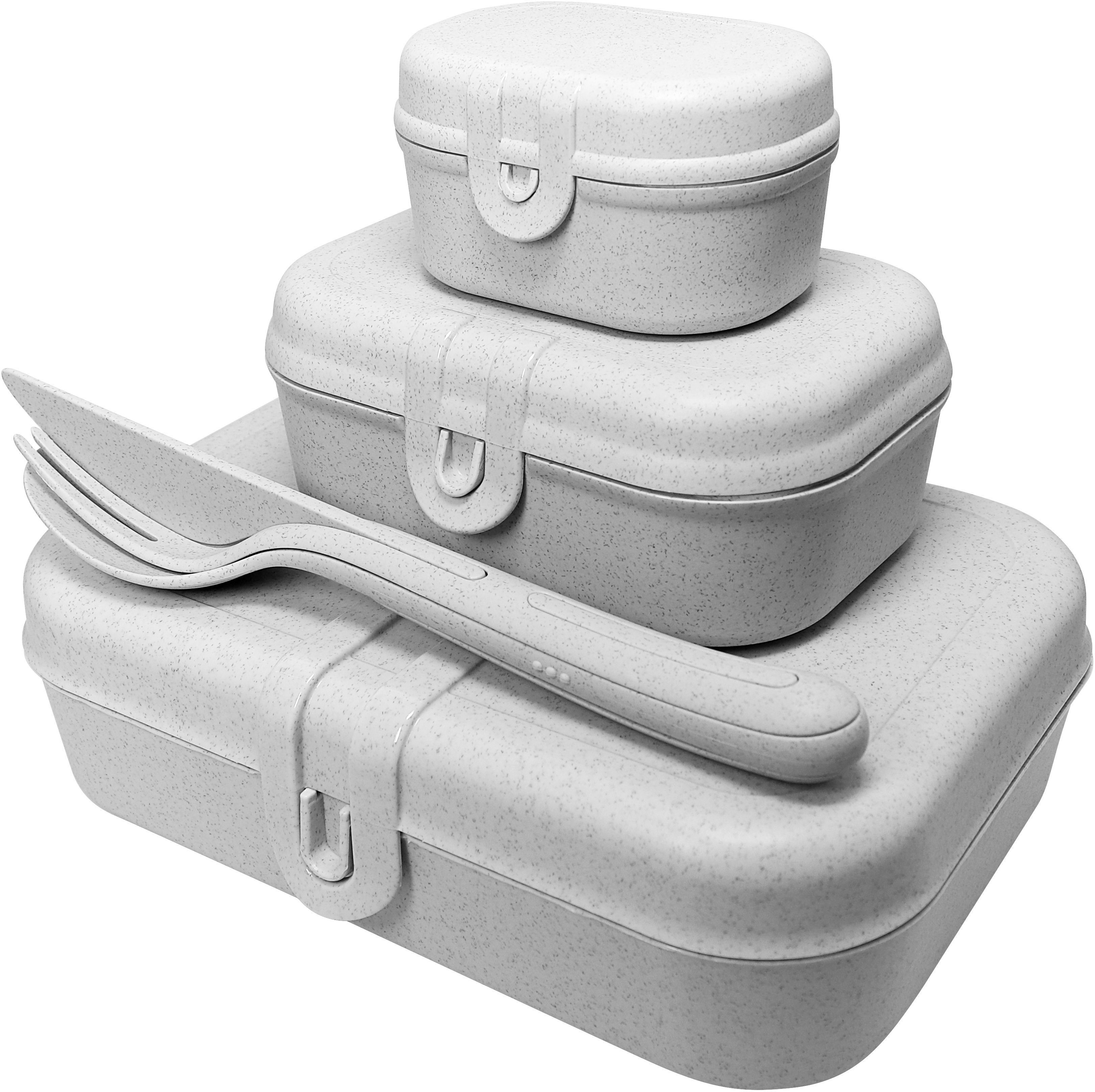 KOZIOL Lunchbox PASCAL READY, Kunststoff, (Set, 4-tlg), spülmaschinengeeignet, melaminfrei, inkl. Besteck organic grey
